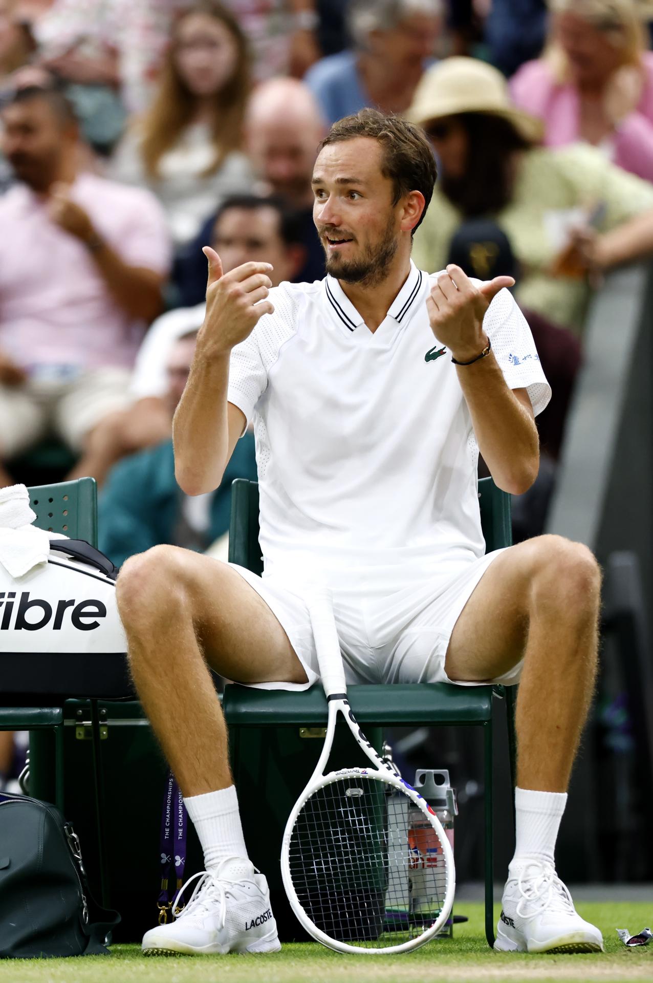 Third-seeded Russian Daniil Medvedev reacts during his Wimbledon semifinal match against Spanish world No. 1 Carlos Alcaraz on 14 July 2023 in London, United Kingdom. Alcaraz won 6-3, 6-3, 6-3. CEFE/EPA/ISABEL INFANTES
