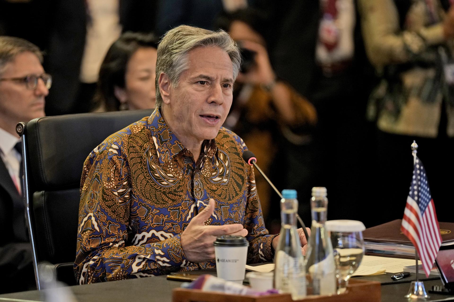 US Secretary of State Antony Blinken speaks during the ASEAN Post Ministerial Conference with the United States at the Association of Southeast Asian Nations (ASEAN) Foreign Ministers'Äô Meeting in Jakarta, Indonesia, 14 July 2023. EFE-EPA/AP POOL
