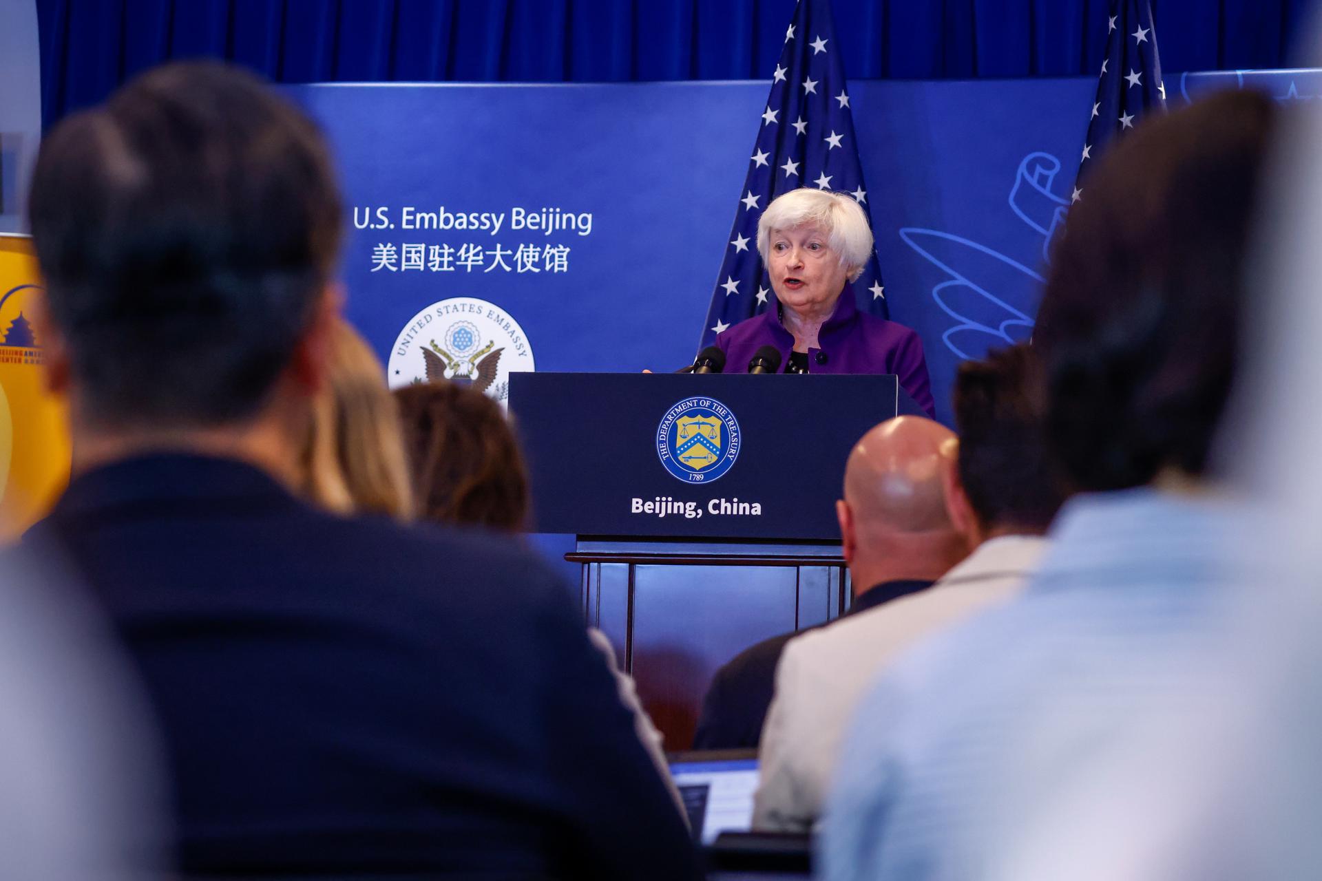 US Treasury Secretary Janet Yellen (C) speaks during a press conference at the US Embassy in Beijing, China, 09 July 2023. EFE-EPA/MARK R. CRISTINO
