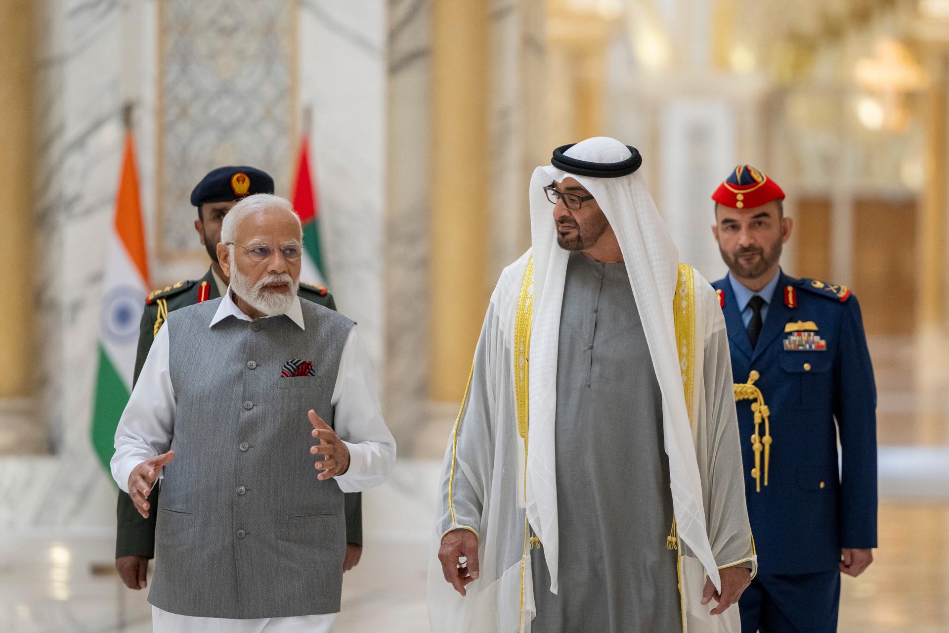 A handout photo made available by the UAE's Presidential Court shows President of the United Arab Emirates and Ruler of the emirate of Abu Dhabi Sheikh Mohamed bin Zayed Al Nahyan (R) meeting with Indian Prime Minister Narendra Modi (L), in Abu Dhabi, United Arab Emirates, 15 July 2023. EFE-EPA/UAE PRESIDENTIAL COURT HANDOUT "??? ?????? ??????? ??????? ?? ????? ??????? ????? ????? ??? ?? ??? ???????? ????????? ? / ?? ????????? ?????? ??????? ?????? ?? ?????? ??????. ??? ???? ??????? ??????? ???? ??? ???? ??? ???? ????????? ?? ???? ?????? ?? ?????? ?? ??????? ?? ????? ???? ???????? ?? ?????? ?? ???? ??????? ????? ?? ???? ??????? ?? ??????? ???? ????? ????? ???? ?? ???? ?? ????? ???? ???? ???????? ??????? ???????? ?? ????? ?????? ?? ????? ???????? ??????? ??????? ?? ?? ??? ???? ?????? ?? ??????". 
"This official UAE Presidential Court photograph is being made available only for publication by news organizations and/or for pe HANDOUT EDITORIAL USE ONLY/NO SALES
