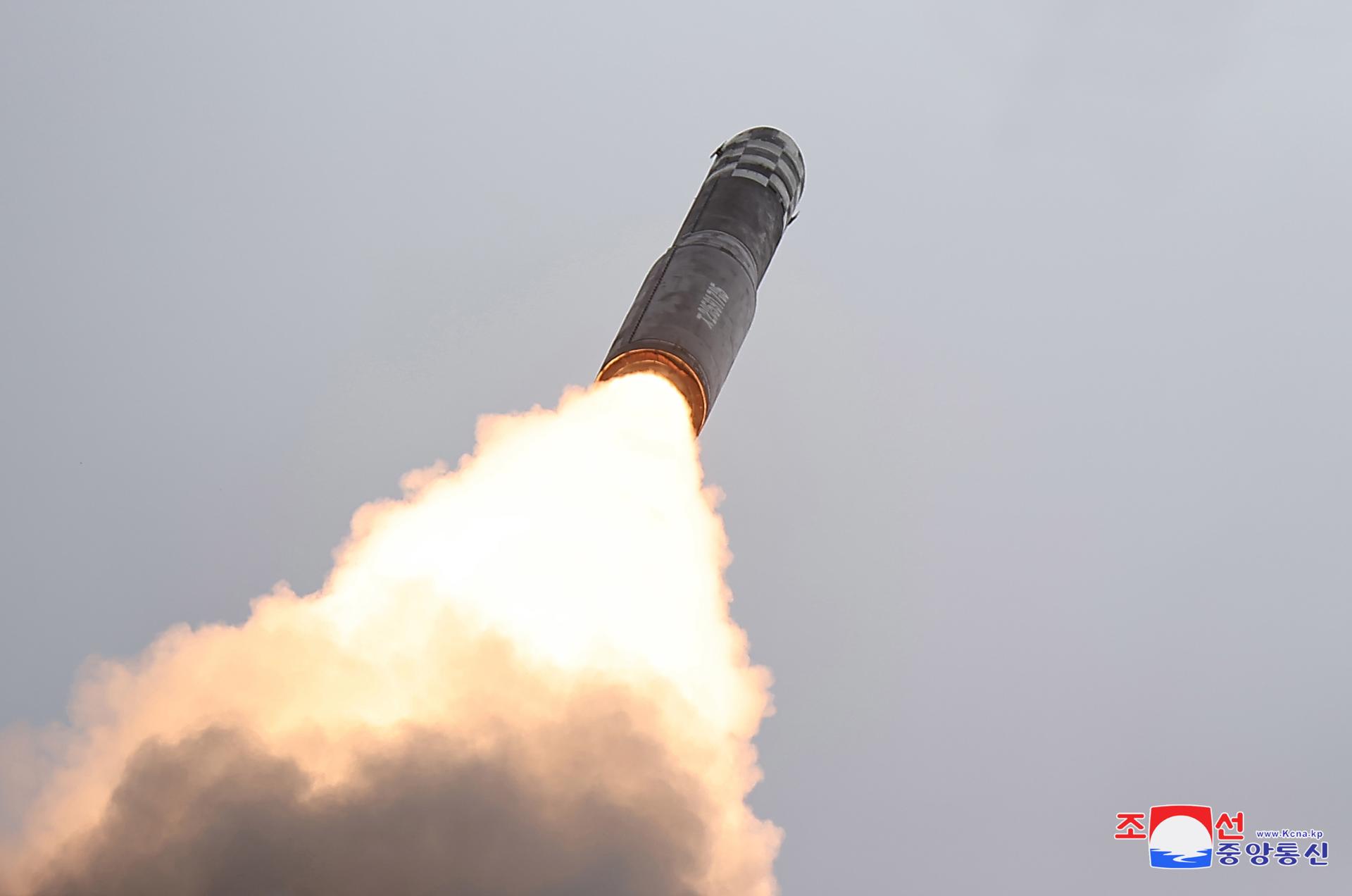 A photo released by the official North Korean Central News Agency (KCNA) shows the test-firing of a Hwasong-18 solid-fuel intercontinental ballistic missile (ICBM), at an undisclosed location in North Korea, 12 July 2023 (issued 13 July 2023). EFE/EPA/KCNA EDITORIAL USE ONLY
