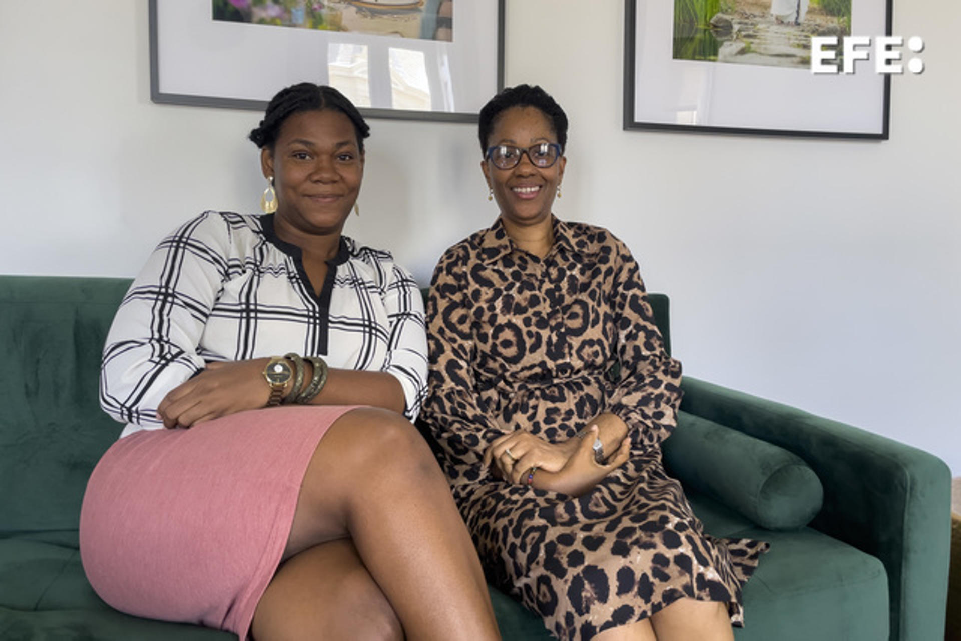 The project coordinator at St. Damien Pediatric Hospital in Port-au-Prince, Marytza Beaubrun (L), and the hospital director, Dr. Pascale Gassant, pose during an interview with EFE in Madrid on 5 July 2023. EFE/Macarena Soto
