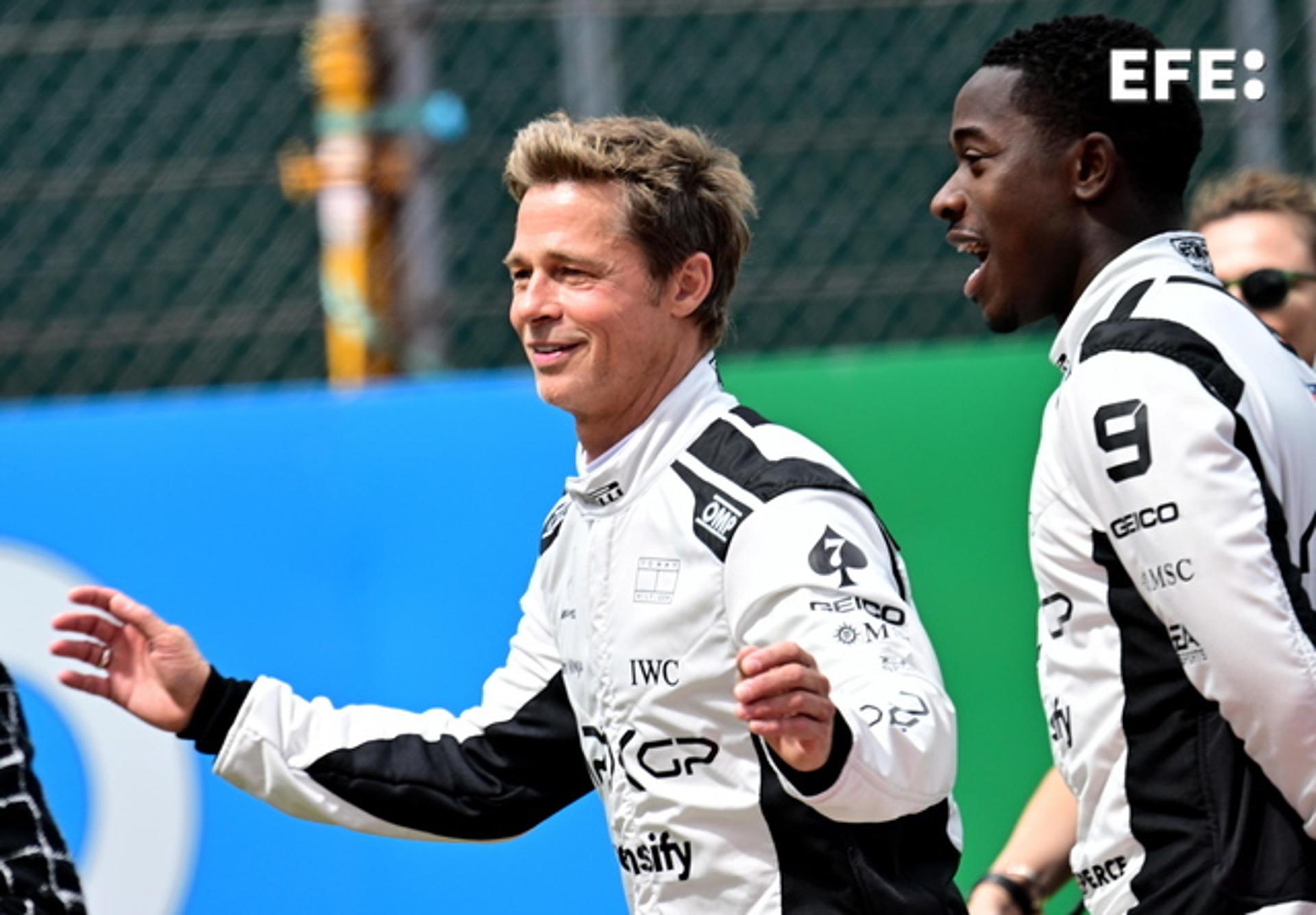 Actors Brad Pitt (L) and Damson Idris prior to the start of the Formula One British Grand Prix at the Silverstone Circuit in Silverstone, England, 9 July 2023. They were at the track to film scenes for a film about F1. EFE/EPA/CHRISTIAN BRUNA
