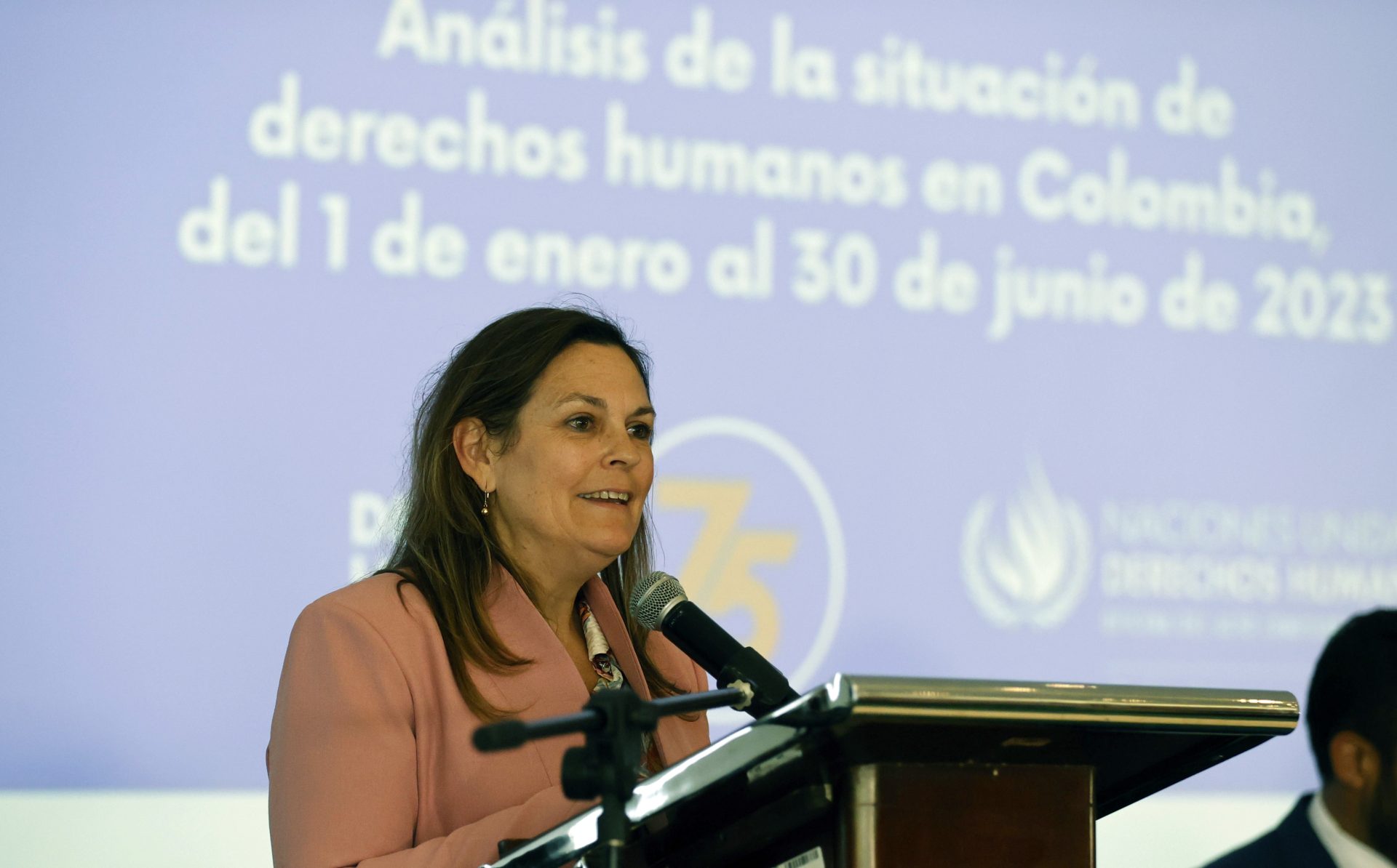 La representante en Colombia de la Oficina de la ONU para los Derechos Humanos, Juliette de Rivero, habla hoy durante la presentación del más reciente informe sobre la materia en el país, en Bogotá (Colombia). EFE/Mauricio Dueñas Castañeda