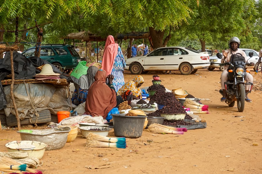Un grupo de mujeres vende sus productors en un mercado de Niamey.