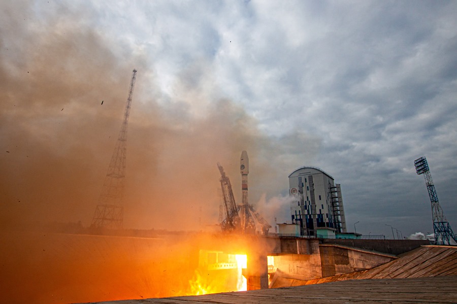 Soyuz-2.1b rocket with the Luna 25 (Luna) automatic station of the lunar lander as it lifts off from a launch pad at the Vostochny Cosmodrome