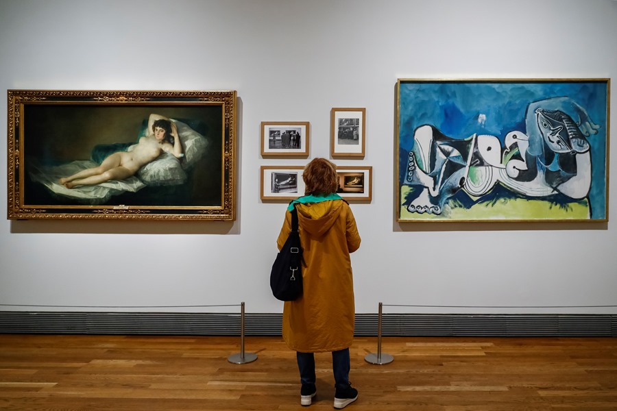 Una persona observa las obras " La maja desnuda" (1785-1800), de Francisco de Goya, y el "Desnudo recostado" 1964, de Pablo Picasso.