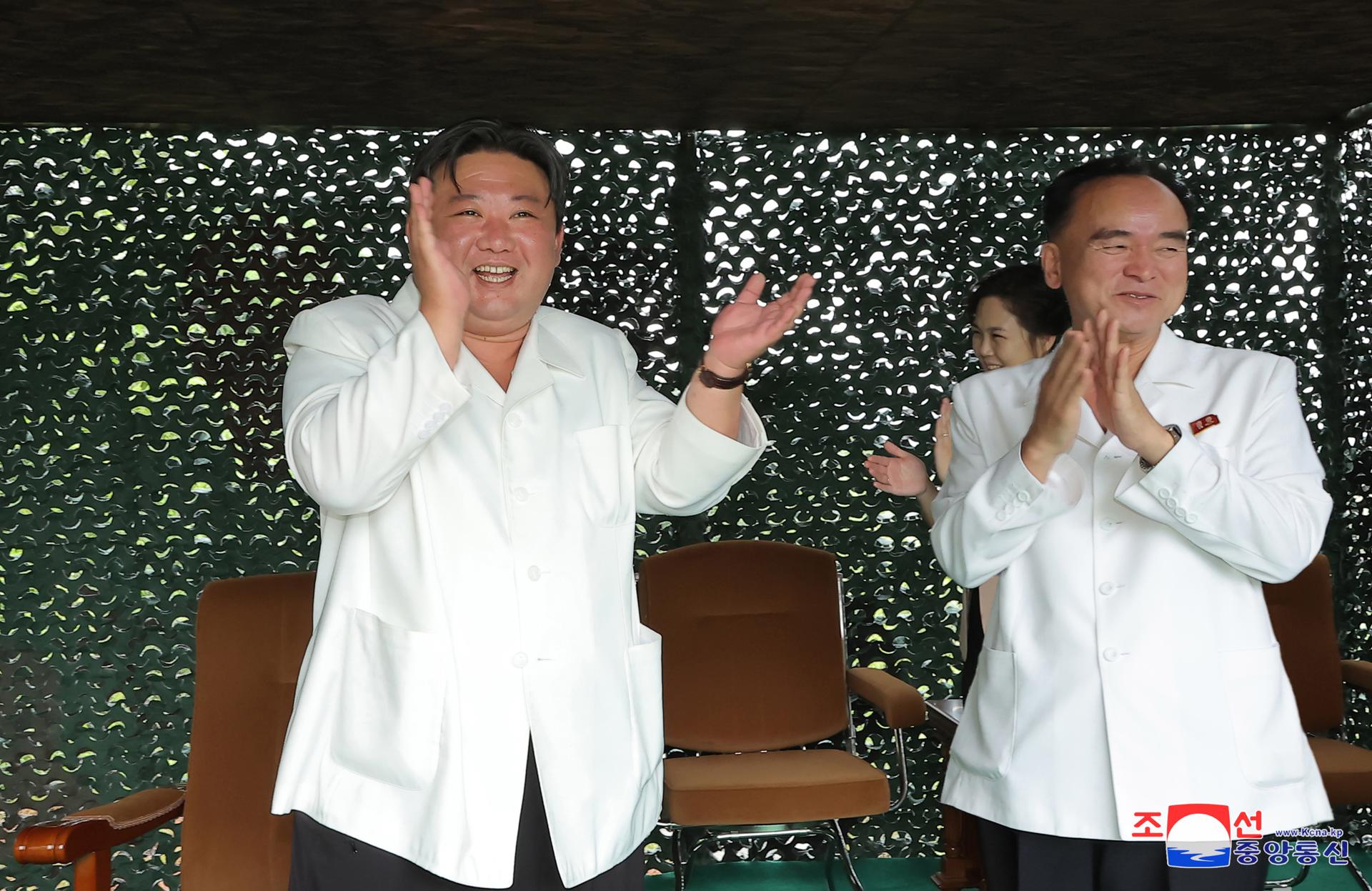 A photo released by the official North Korean Central News Agency (KCNA) shows North Korean leader Kim Jong Un (L) and Jo Yong-won (R), secretary for organizational affairs of the central committee of the Workers' Party, attending the test-firing of a Hwasong-18 solid-fuel intercontinental ballistic missile (ICBM), at an undisclosed location in North Korea, 12 July 2023 (issued 13 July 2023). EFE-EPA FILE/KCNA EDITORIAL USE ONLY
