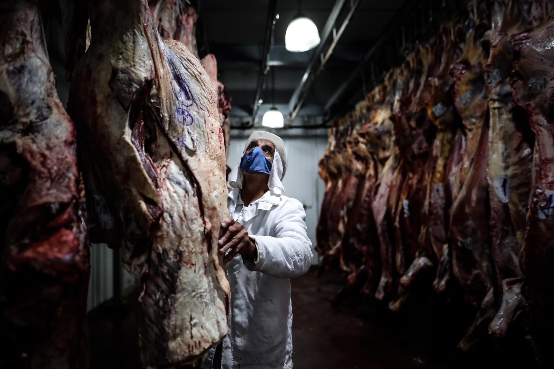Empleados de un frigorífico trabajan con carne vacuna, en Buenos Aires (Argentina), en una fotografía de archivo. EFE/Juan Ignacio Roncoroni