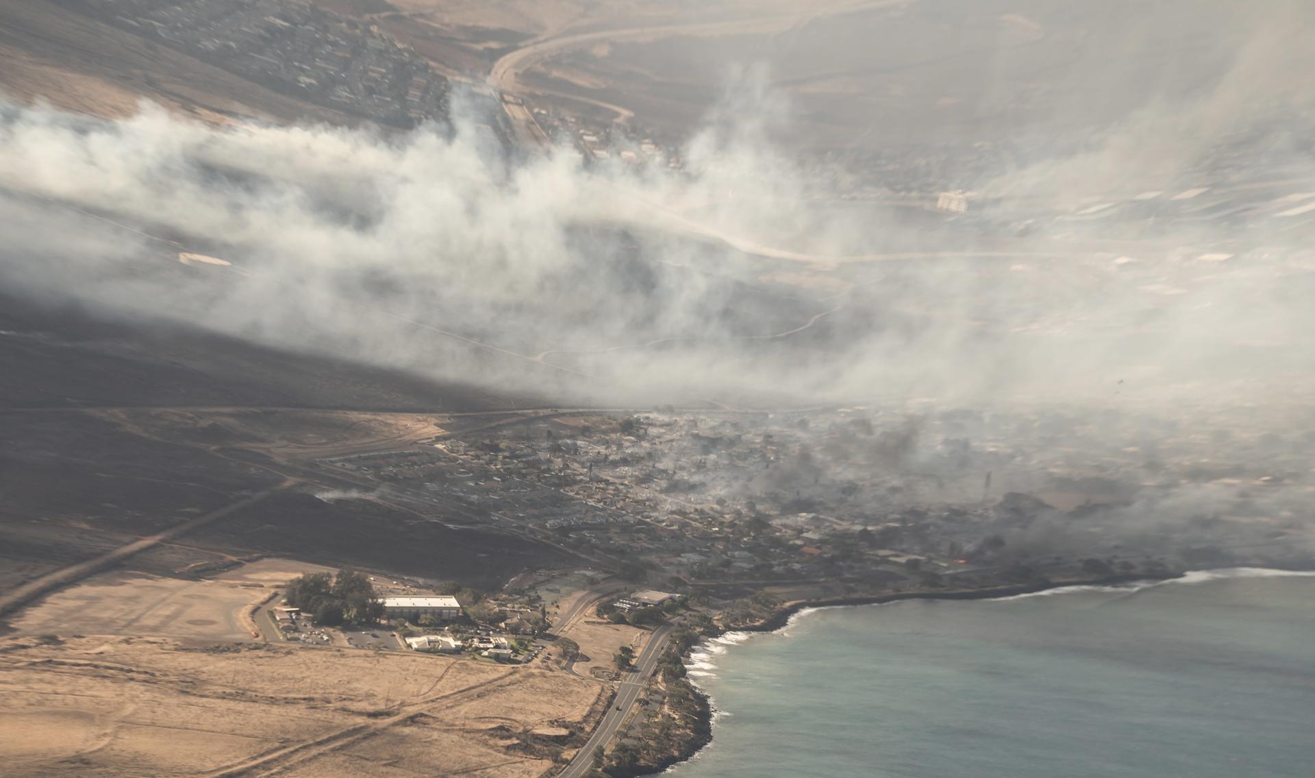 An aerial view of buildings damaged in Lahaina, Hawaii as a result of a large wildfire which has killed 36 people and forced thousands of evacuations on the island of Maui in Hawaii, USA, 09 August 2023. EFE-EPA/CARTER BARTO