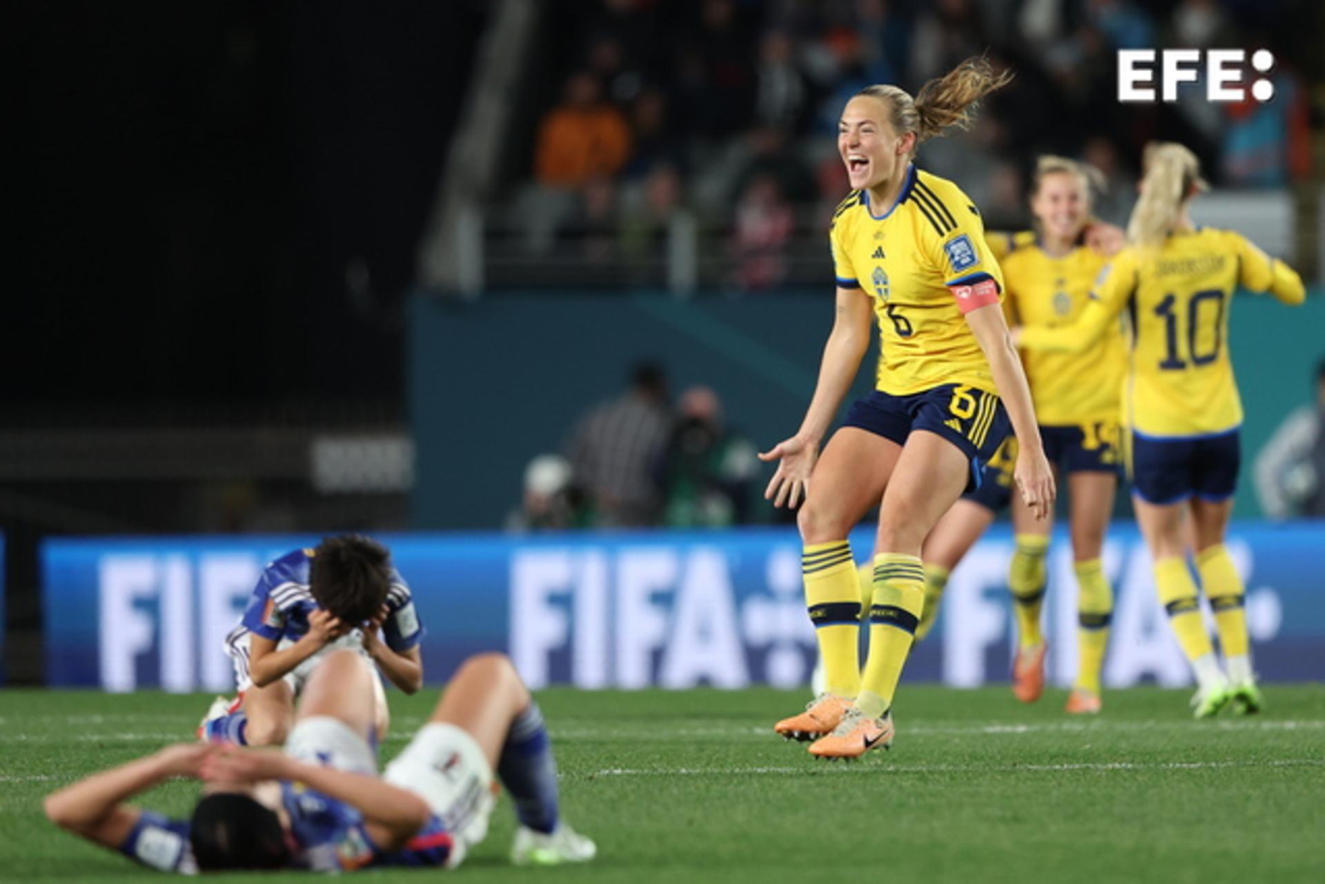Sweden's Magdalena Eriksson celebrates following the team's win over Japan in the FIFA Women's World Cup 2023 quarterfinal in Auckland, New Zealand, 11 August 2023. EFE/EPA/BRETT PHIBBS AUSTRALIA AND NEW ZEALAND OUT
