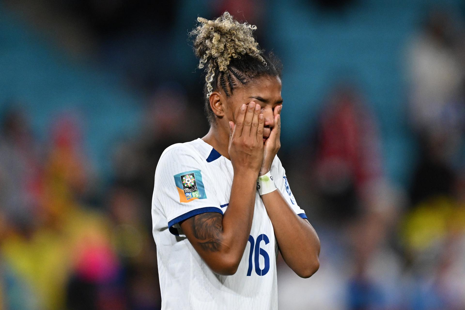 Defender Jorelyn Carabali shows her disappointment after Colombia lost 2-1 in a hard-fought quarterfinal match against England on 12 August 2023 at the FIFA Women's World Cup at Stadium Australia in Sydney. EFE/EPA/DEAN LEWINS
