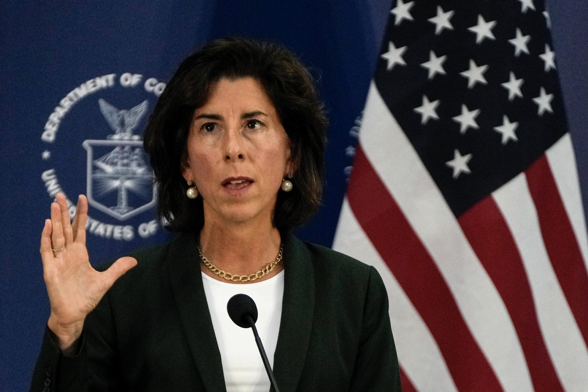 U.S. Commerce Secretary Gina Raimondo speaks during a press conference at the Boeing Shanghai Aviation Services in Shanghai, China, 30 August 2023. EFE-EPA/ANDY WONG/POOL