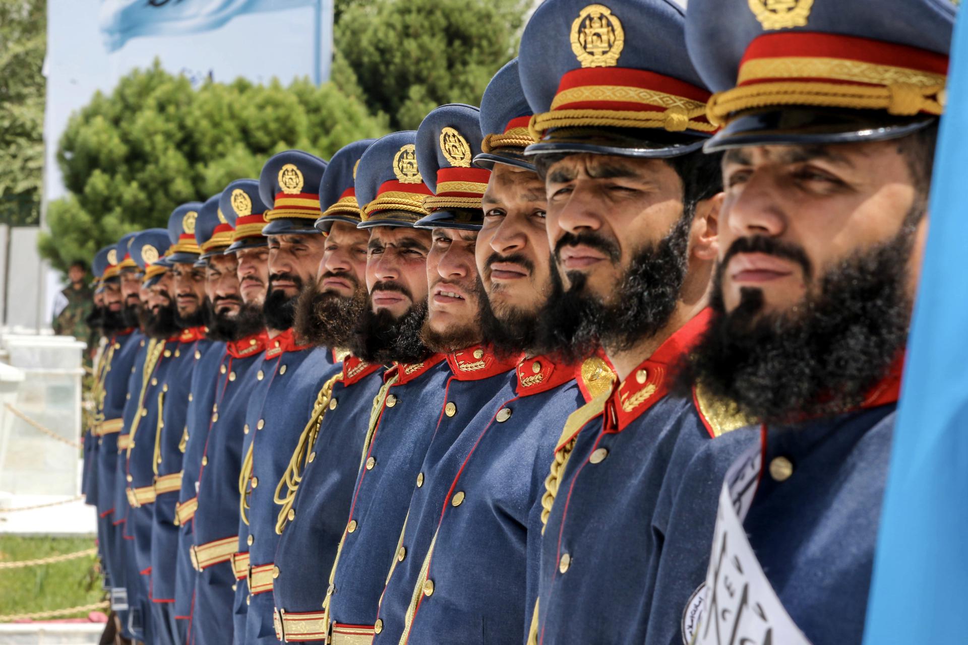 Afghanistan honor guard officers attend a ceremony in front of the Freedom Minaret to mark the country's Independence Day at the Defense Ministry in Kabul, Afghanistan, 19 August 2023. EFE/EPA/SAMIULLAH POPAL
