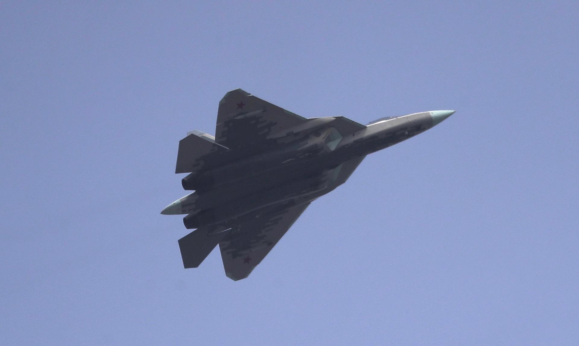 (FILE) A Russian Air Force Sukhoi Su-57 fifth-generation fighter jet flys over town of Podolsk outside Moscow as the fighter jet takes part in a rehearsal for the Victory Day military parade at the Patriot Park in Alabino, Moscow region, Russia, 14 April 2021. EFE/EPA/MAXIM SHIPENKOV