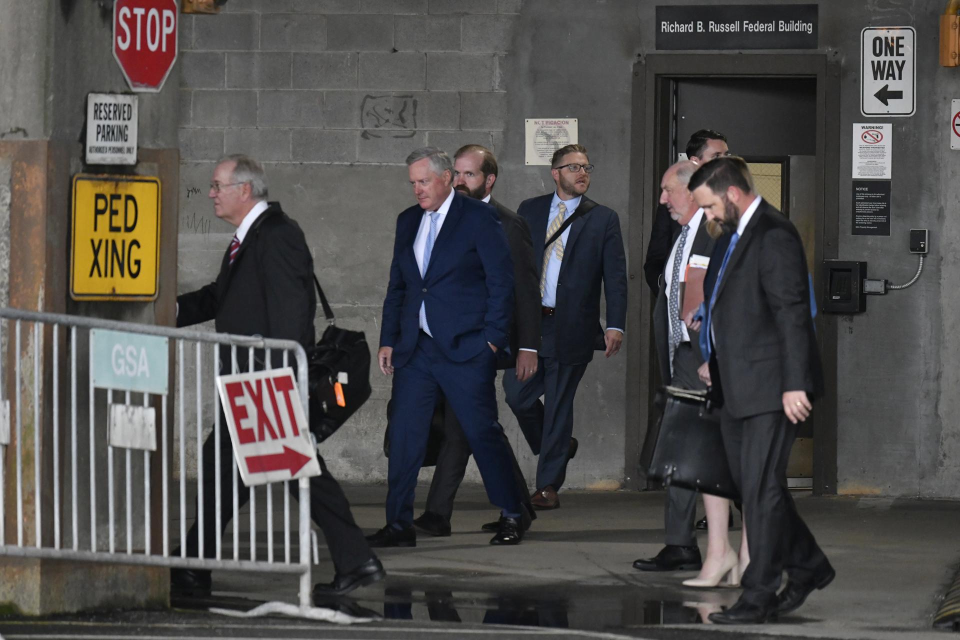 Former US President Donald Trump's Chief of Staff Mark Meadows (2-L) exits the Richard B. Russell Federal Building after a federal court hearing to request his Fulton County 2020 election interference case be moved to US District Court in Atlanta, Georgia, USA, 28 August 2023. EFE-EPA/EDWARD M. PIO RODA