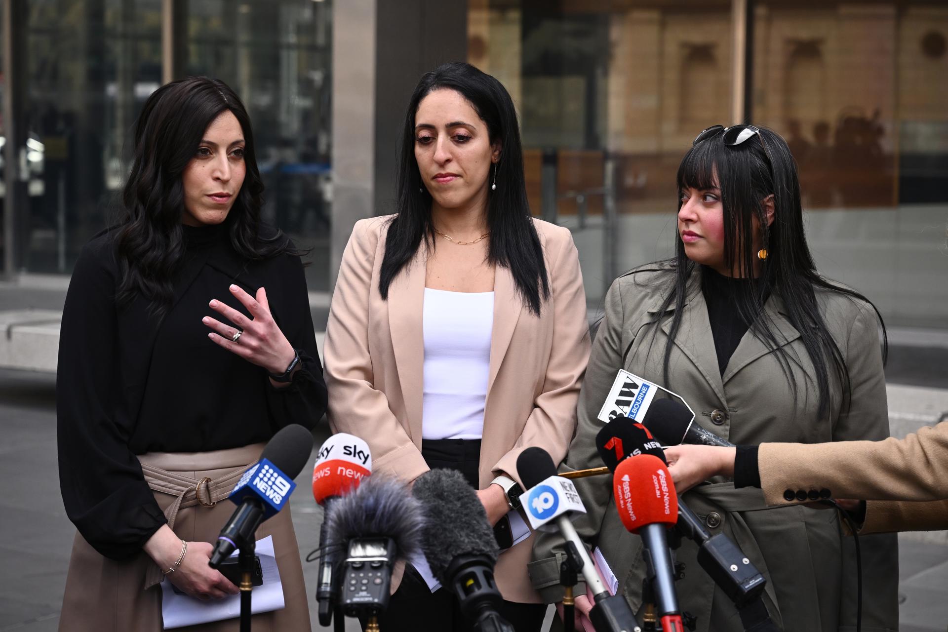 (L-R) Nicole Meyer, Elly Sapper and Dassi Erlich speak outside the Victorian County Court in Melbourne, Australia, 24 August 2023. EFE-EPA/JOEL CARRETT AUSTRALIA AND NEW ZEALAND OUT
