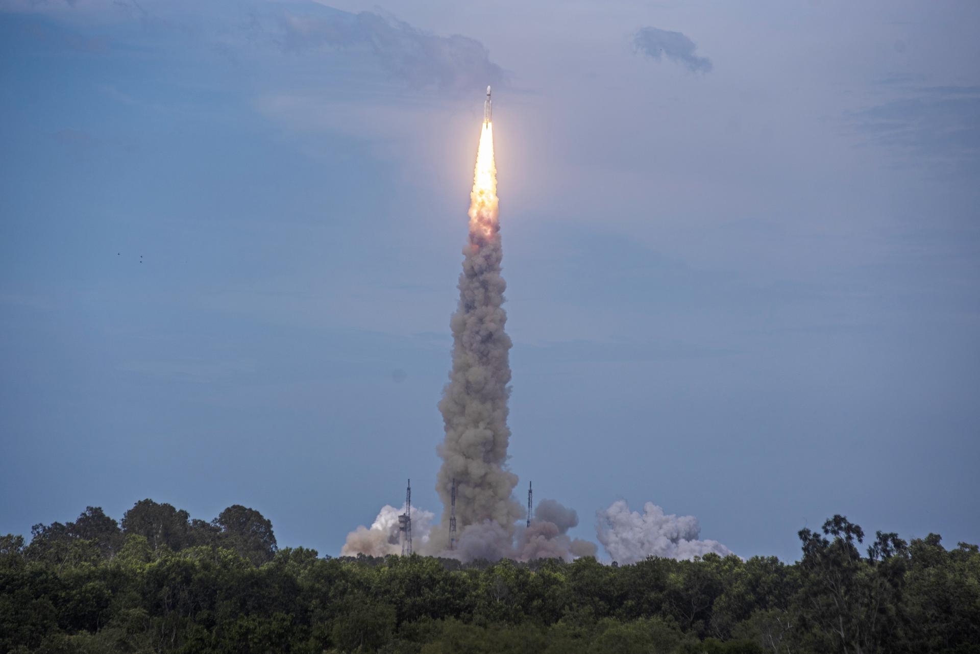The Indian Space Research Organisation (ISRO)'s Chandrayaan-3 (Moon Vehicle-3), on board the Launch Vehicle Mark-III Mission 4 (LVM3 M4), lifts off from the Satish Dhawan Space Centre (SDSC) in Sriharikota, in the Southern state of Andhra Pradesh, India, 14 July 2023. EFE/EPA/FILE/IDREES MOHAMMED