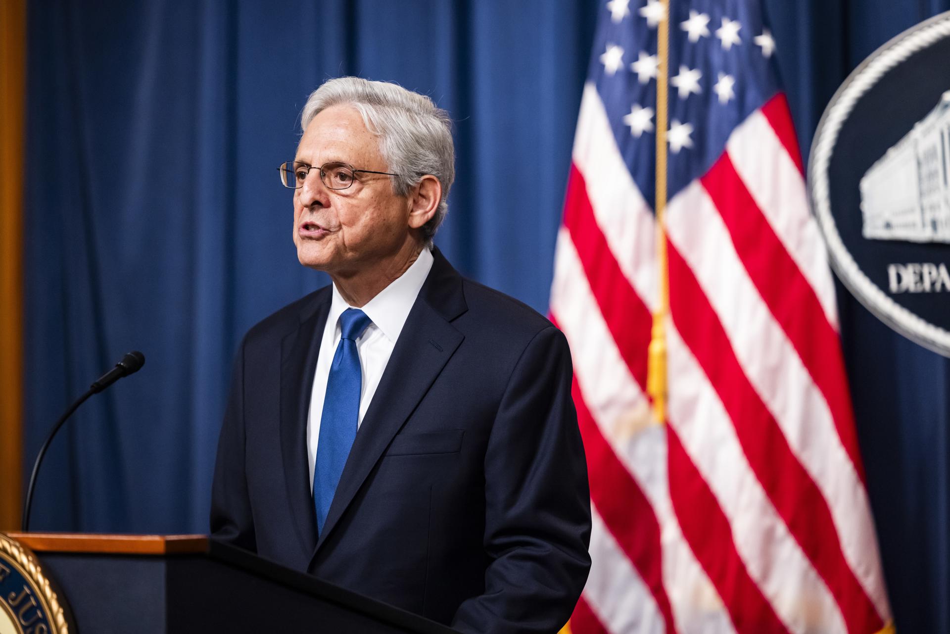 US Attorney General Merrick Garland holds a press conference at the Department of Justice in Washington on 11 August 2023. EFE/EPA/JIM LO SCALZO