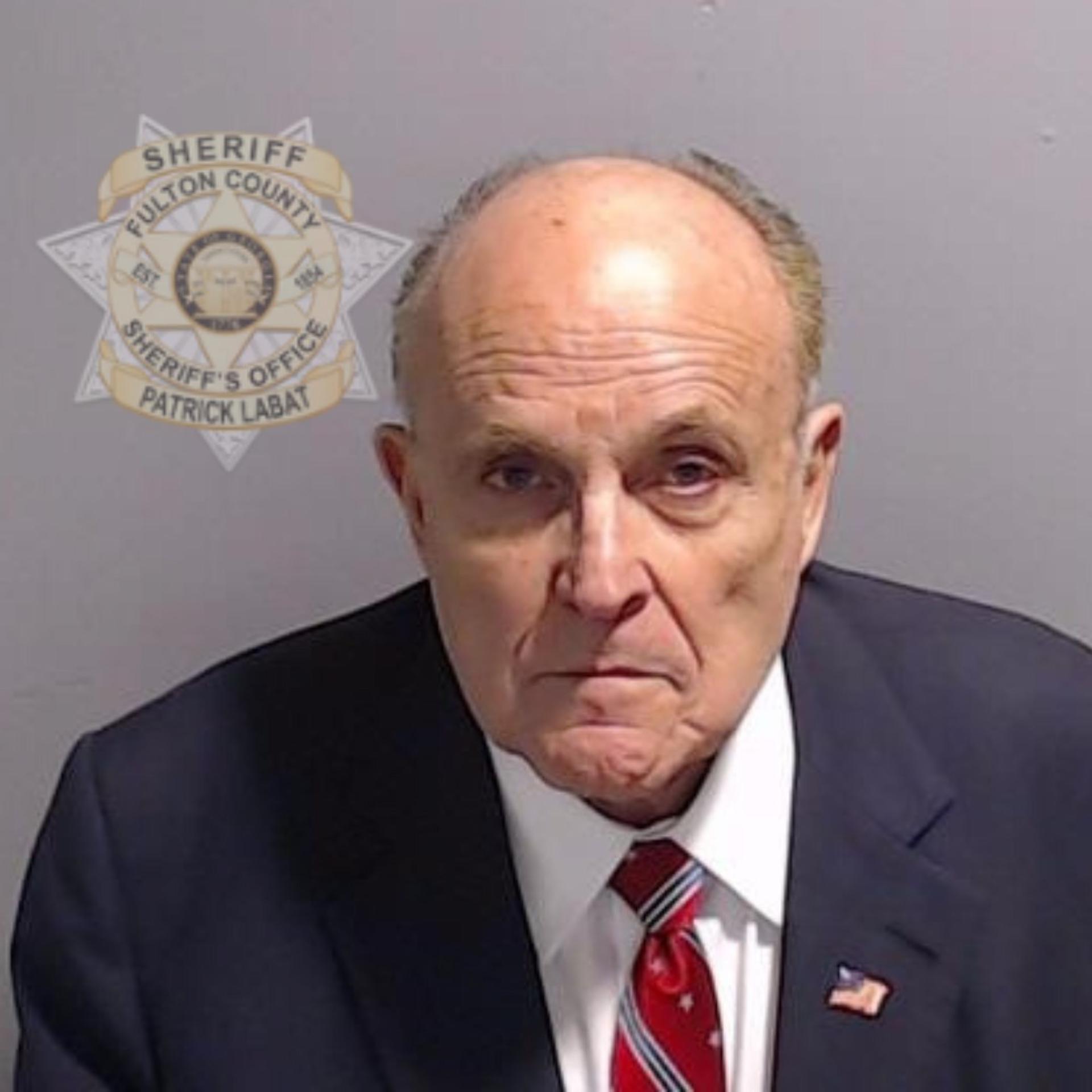 A handout photo made available by the Fulton County Sheriff's Office on 23 August 2023 shows the Fulton County Jail booking photo of Former New York mayor and Donald Trump's personal attorney Rudy Giuliani in Atlanta, Georgia, USA. (New York) EFE/EPA/FULTON COUNTY SHERIFF'S OFFICE HANDOUT EDITORIAL USE ONLY/NO SALES