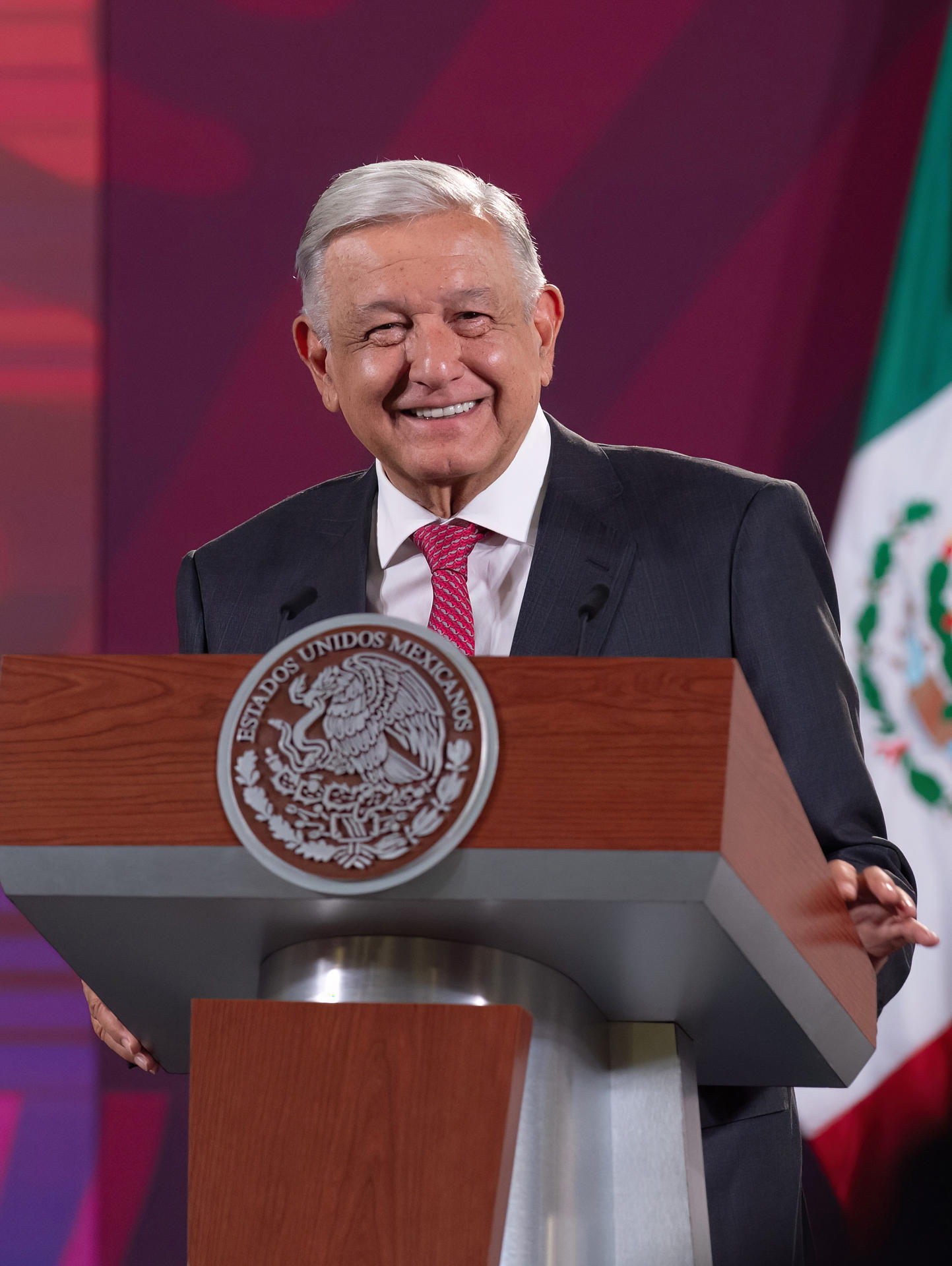 The Mexican government provided this photo of President Andres Manuel Lopez Obrador holding a press conference in Mexico City on 4 August 2023. EFE/Presidencia De Mexico/EDITORIAL USE ONLY