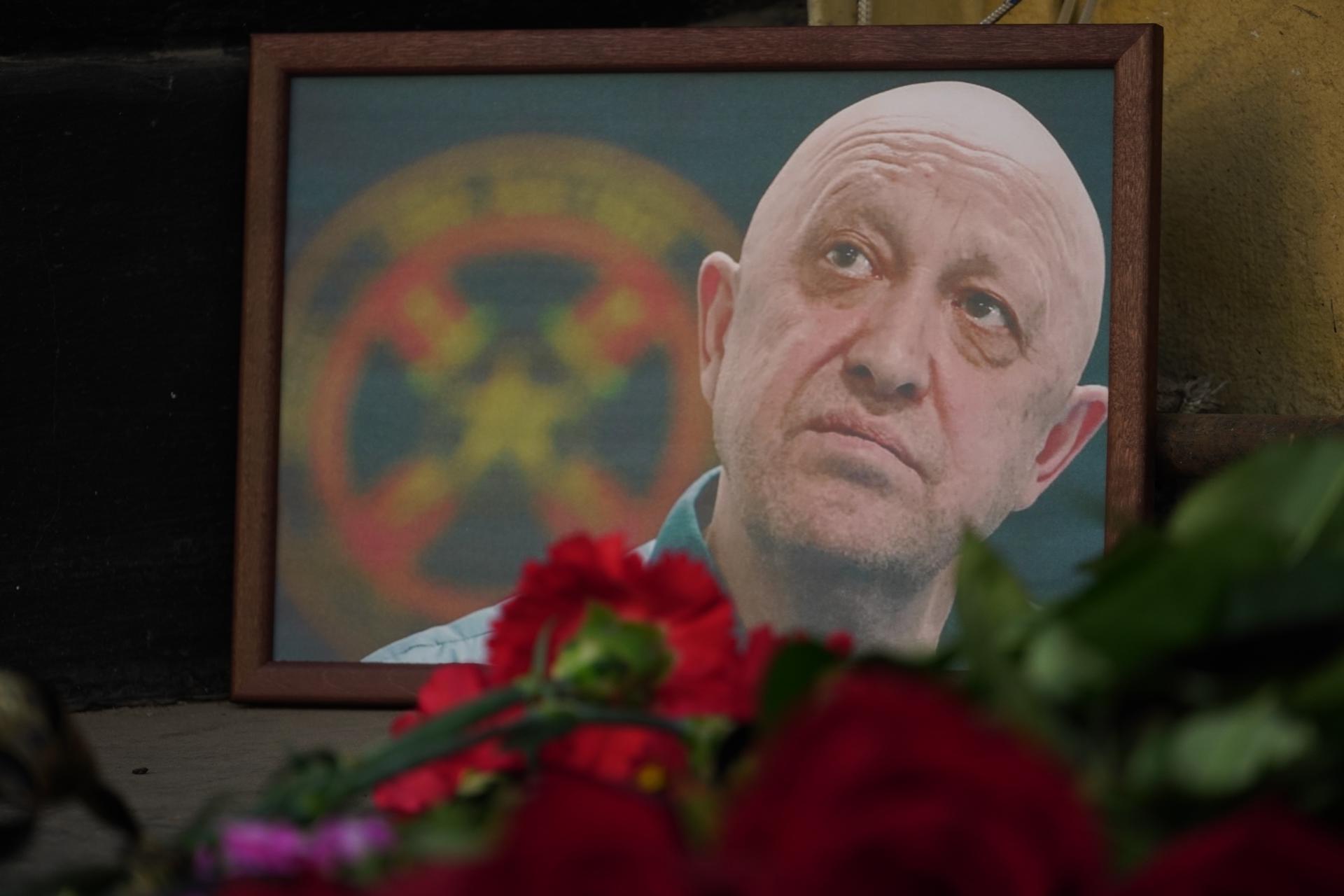 A picture of PMC Wagner chief Yevgeny Prigozhin is seen at an informal memorial in downtown of Rostov-on Don, Russia, 24 August 2023. EFE/EPA/STRINGER