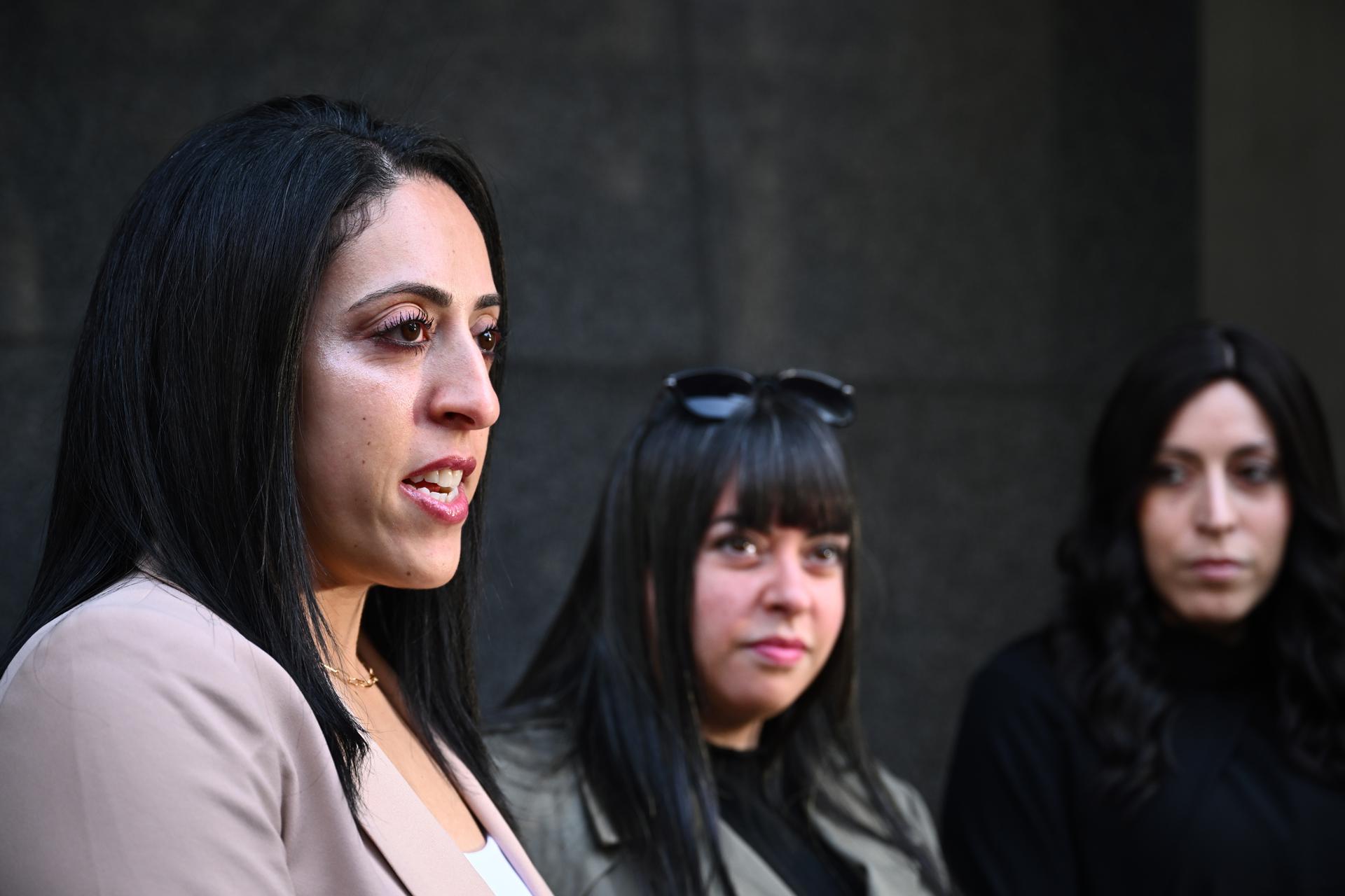 (L-R) Elly Sapper, Dassi Erlich and Nicole Meyer speak to media as they arrive for the sentencing of former ultra-Orthodox Jewish school principal Malka Leifer at the Victorian County Court in Melbourne, Australia, 24 August 2023. EFE-EPA/JOEL CARRETT AUSTRALIA AND NEW ZEALAND OUT
