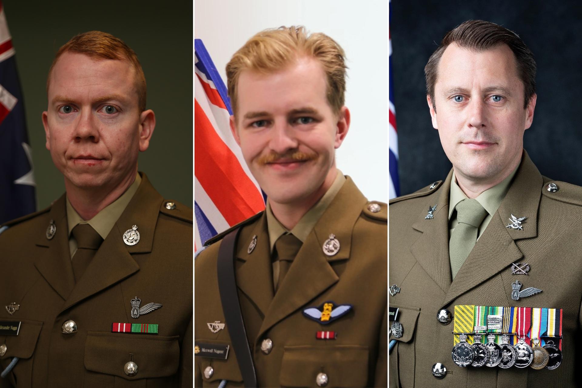 An undated handout composite photo made available by the Australian Department of Defence on 31 July 2023 shows (L-R) Australian Army soldier Corporal Alex Naggs, Australian Army officer Lieutenant Maxwell Nugent and Australian Army soldier Warrant Officer Class 2 Joseph Laycock, who went missing after their Taipan MRH-90 helicopter crashed near Queensland's Hamilton Island on 28 July 2023. EFE/EPA/AUSTRALIAN DEPARTMENT OF DEFENCE HANDOUT --MANDATORY CREDIT: AUSTRALIAN DEPARTMENT OF DEFENCE -- AUSTRALIA AND NEW ZEALAND OUT HANDOUT EDITORIAL USE ONLY/NO SALES
