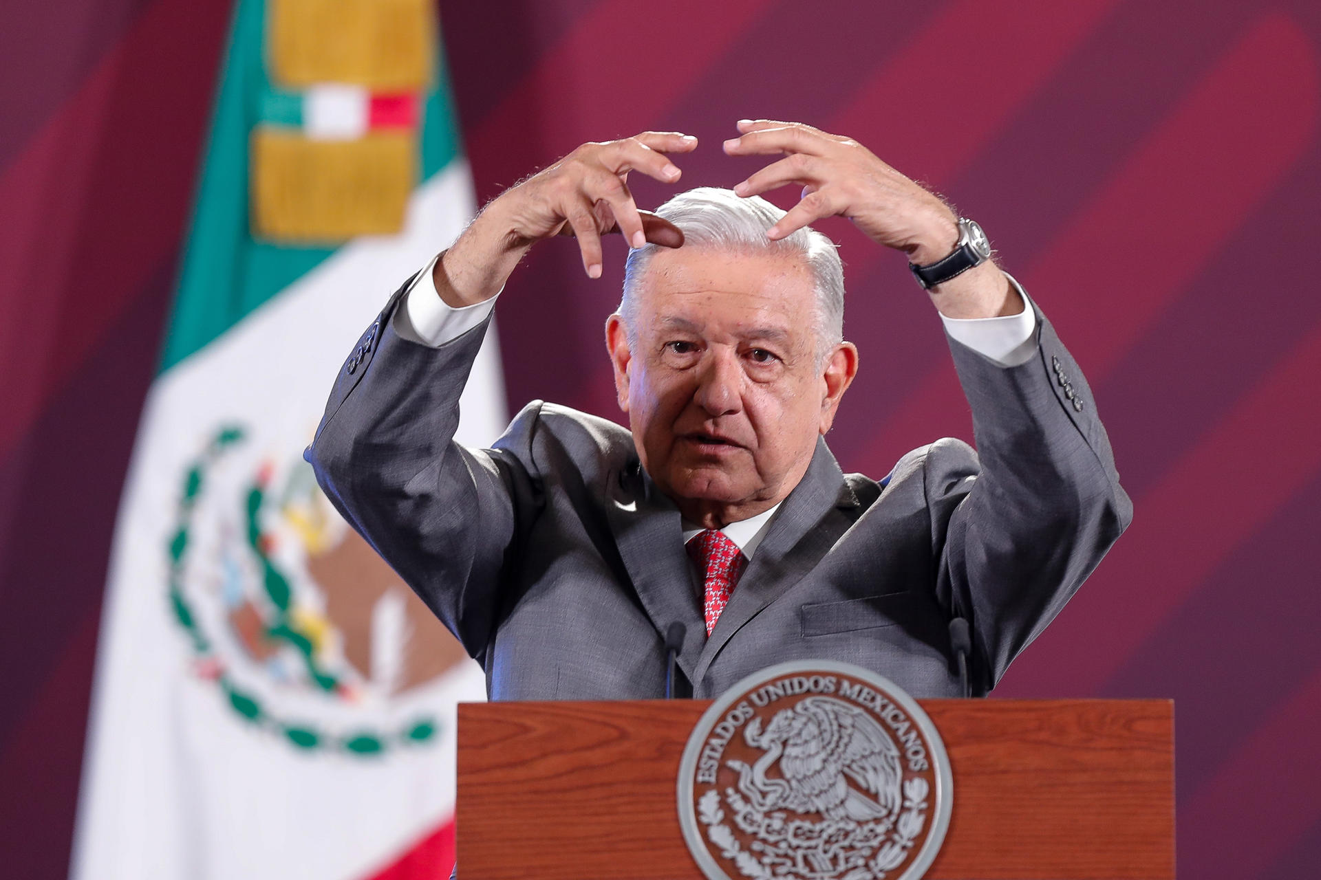 Mexican President Andres Manuel Lopez Obrador speaks on Aug. 3, 2023, at a press conference at the National Palacde in Mexico City. EFE/ Isaac Esquivel
