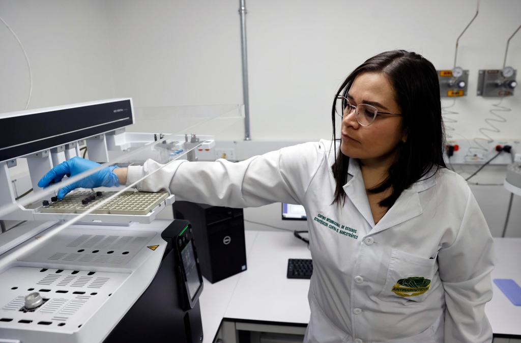 Científicos de la Dirección de Antinarcóticos de Colombia analizan el opioide sintético fentanilo en su laboratorio químico de investigación, hoy, en Bogotá (Colombia). EFE/Mauricio Dueñas Castañeda
