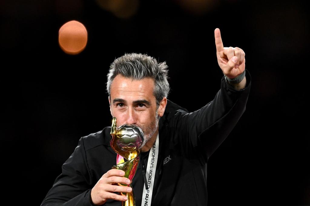 Spain's coach Jorge Vilda kisses the winner's trophy after winning the FIFA Women's World Cup 2023 Final soccer match between Spain and England at Stadium Australia in Sydney, Australia, 20 August 2023. EFE/EPA/DEAN LEWINS AUSTRALIA AND NEW ZEALAND OUT
