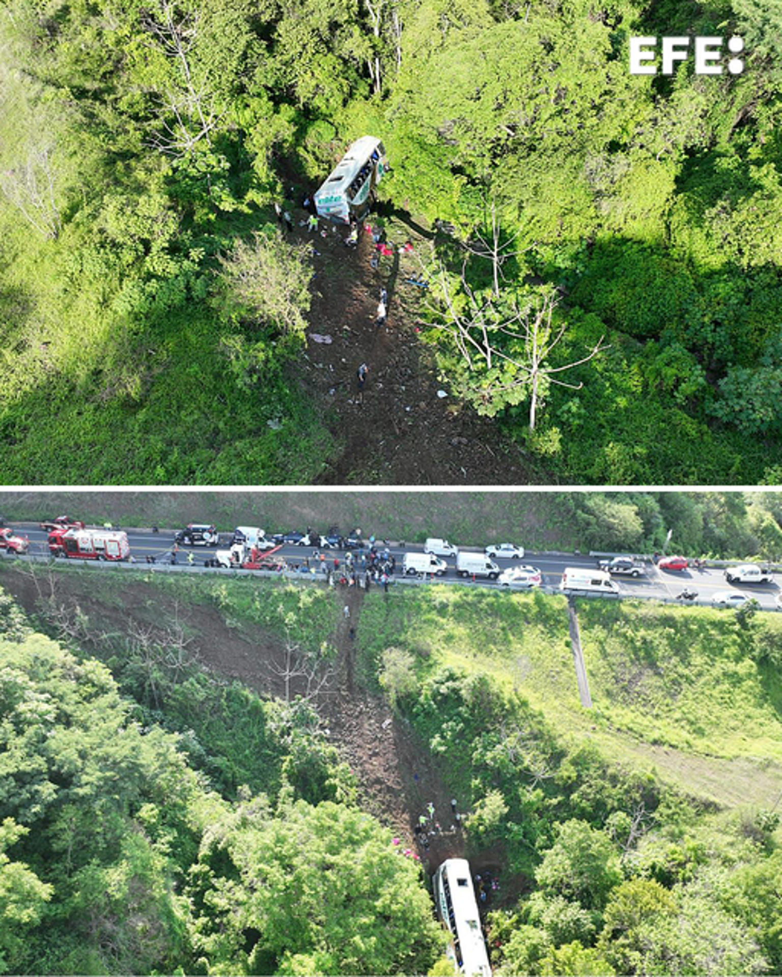 MEX1786. BARRANCA BLANCA (MEXICO), 03/08/2023.- Combination of aerial photos showing the accident site in Mexico's western Nayarit state where a passenger bus went off the highway, killing at least 17 and injuring 22, on Aug. 3, 2023. EFE/Civil Protection and Security Secretariat of Nayarit/EDITORIAL USE ONLY/ AVAILABLE ONLY TO ILLUSTRATE THE ACCOMPANYING ARTICLE (OBLIGATORY CREDIT).