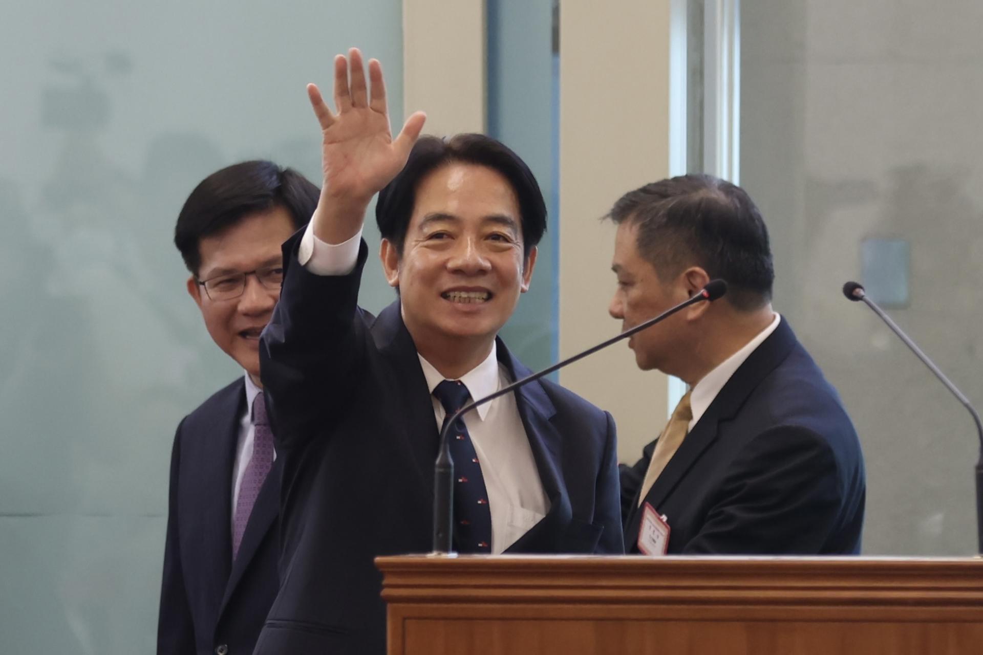Taiwan's Vice President William Lai (L) waves after his speech prior to his departure to Paraguay inside the Terminal of Taoyuan international Airport in Taoyuan, Taiwan, 12 August 2023. EFE-EPA/RITCHIE B. TONGO