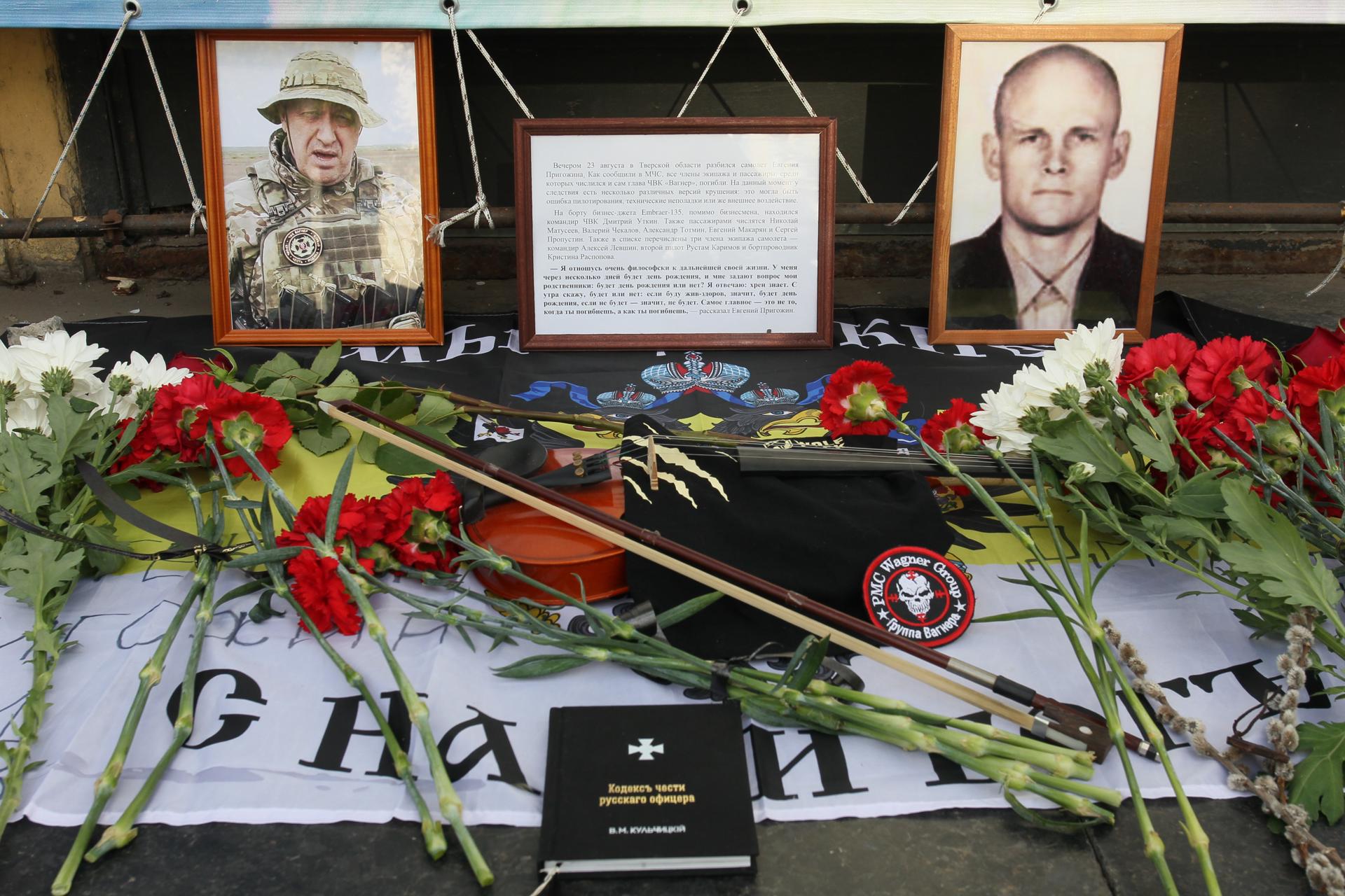 Pictures of PMC Wagner chief Yevgeny Prigozhin and PMC Wagner commander Dmitry Utkin are seen on an informal memorial in downtown of Rostov-on Don, Russia, 24 August 2023. (Russia, Ukraine) EFE/EPA/STRINGER