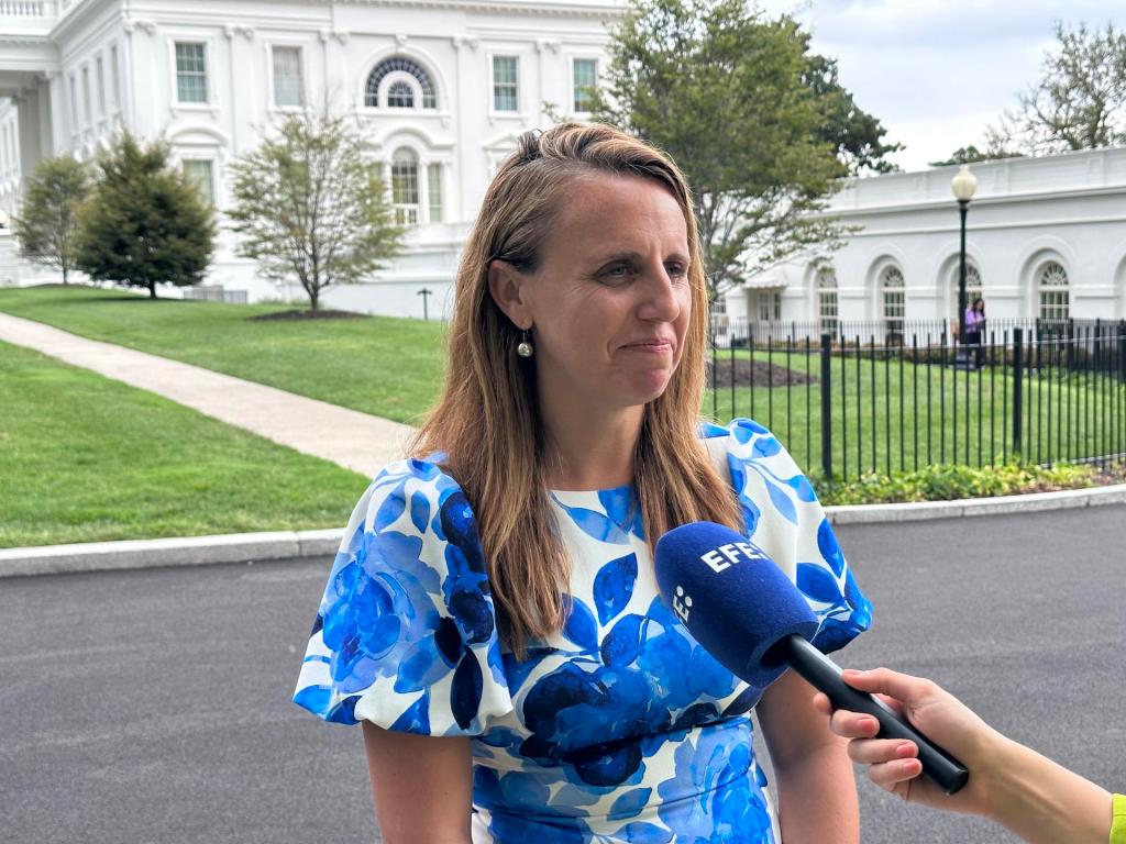 The senior advisor for migration at the White House, Katie Tobin, speaks during an interview with EFE, today, at the White House, in Washington (USA).  EFE/Octavio Guzman