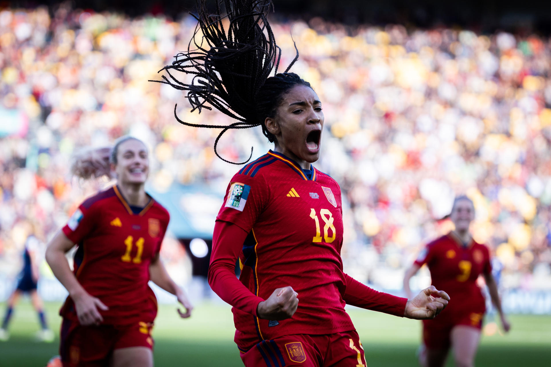 Spain's Salma Paralluelo celebrates after scoring against the Netherlands during the Women's World Cup quaterfinal in Wellington, New Zealand. EFE/RFEF/EDITORIAL USE ONLY