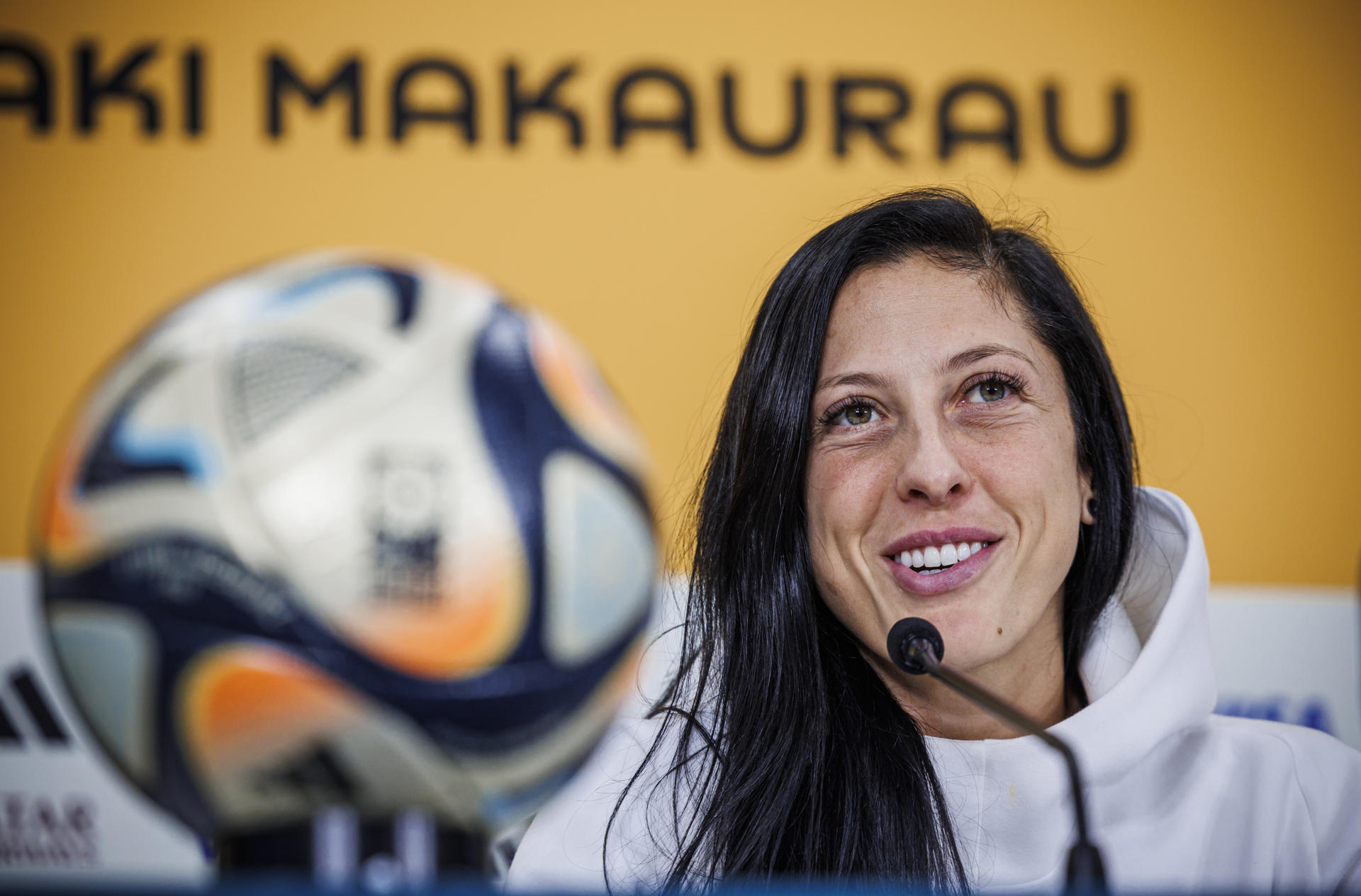 Forward Jenni Hermoso gives a press conference after training for the women's soccer team at Auckland's North Harbor Stadium, 14 August 2023. EFE/ Pablo Garcia
