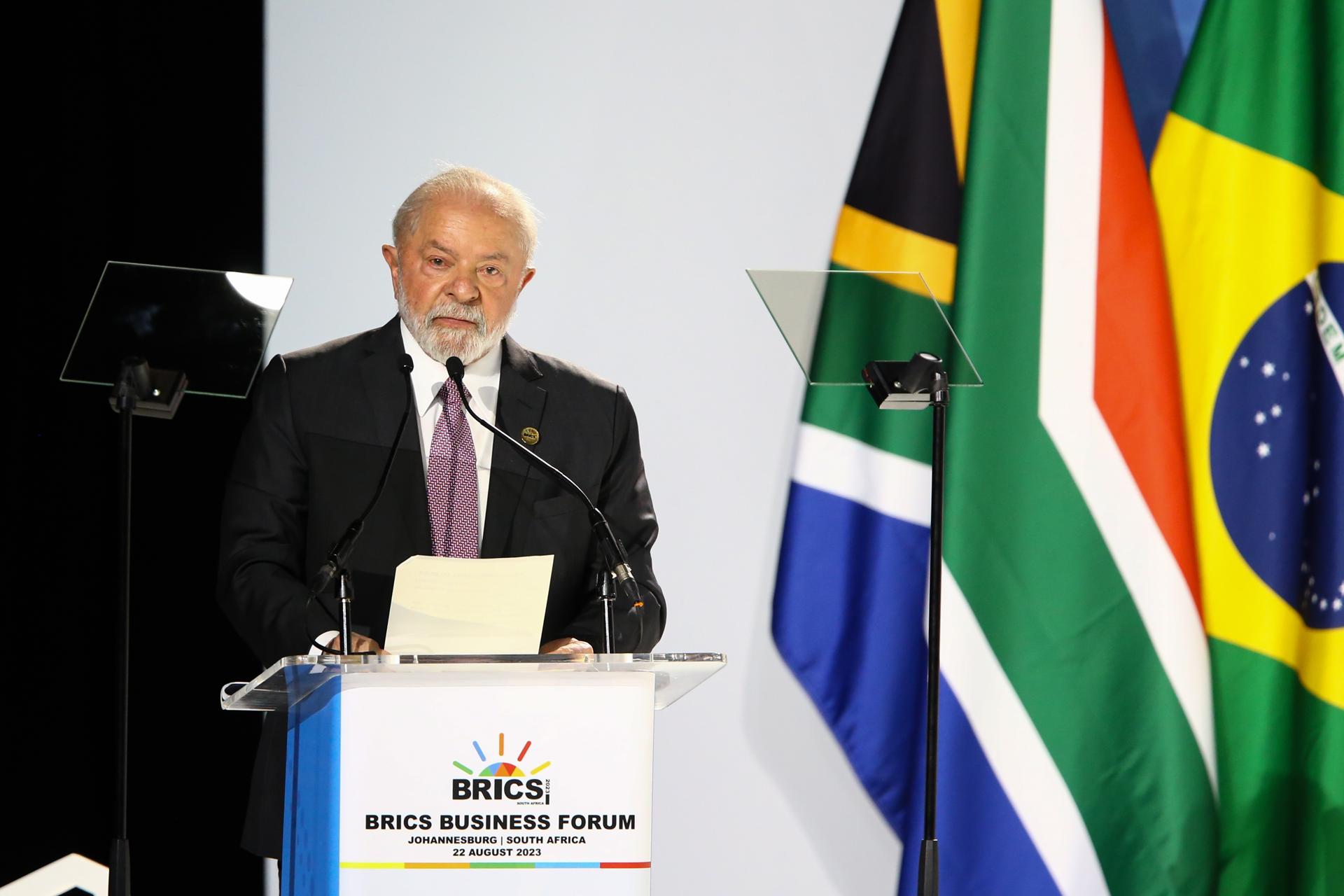 President of Brazil Luiz Inacio Lula da Silva speaks during the 15th BRICS Summit, in Johannesburg, South Africa, 22 August 2023. EFE/EPA/KIM LUDBROOK
