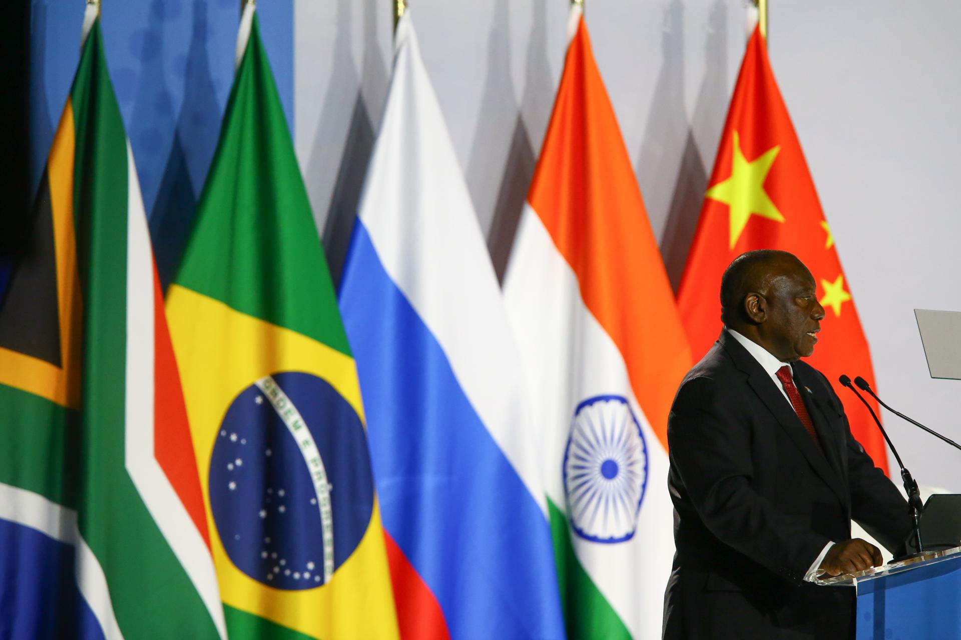 South African President Cyril Ramaphosa speaks during the 15th BRICS Summit, in Johannesburg, South Africa, 22 August 2023. EFE/EPA/KIM LUDBROOK
