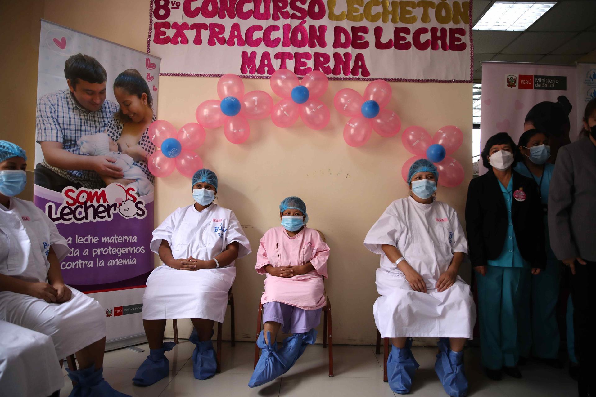 Mothers participate in a breast milk extraction marathon, today, at the San Bartolome hospital, in Lima, Peru, 21 August 2023. EFE/ Paolo Aguilar
