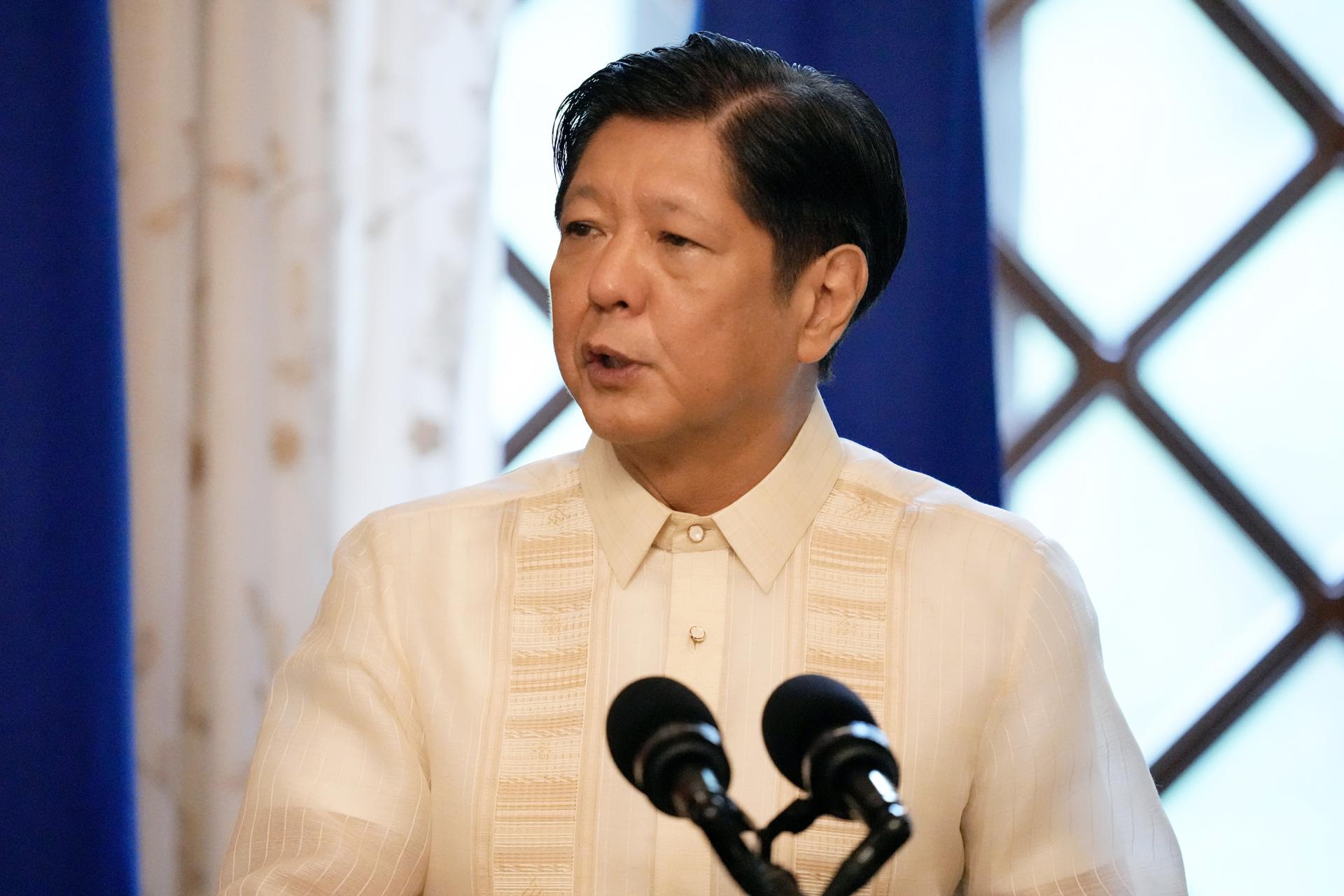 Philippine President Ferdinand Marcos Jr. delivers a speech during a joint press statement with European Commission President Ursula von der Leyen (not pictured) at the Malacanang Presidential Palace in Manila, Philippines 31 July 2023. EFE-EPA FILE/AARON FAVILA/POOL