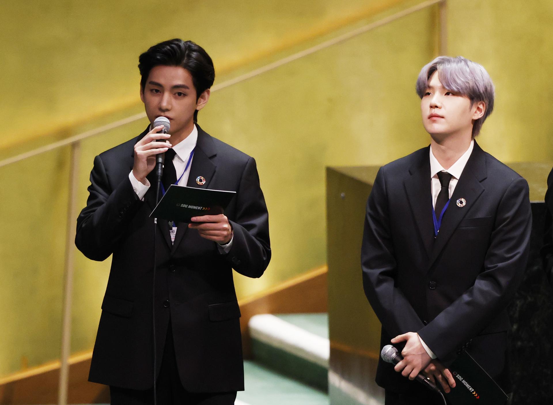 Suga listens as Taehyung/V of South Korean boy band BTS speaks at the SDG Moment event as part of the UN General Assembly at the United Nations Headquarters in New York City, USA, 20 September 2021. EFE/EPA/FILE/JOHN ANGELILLO / POOL