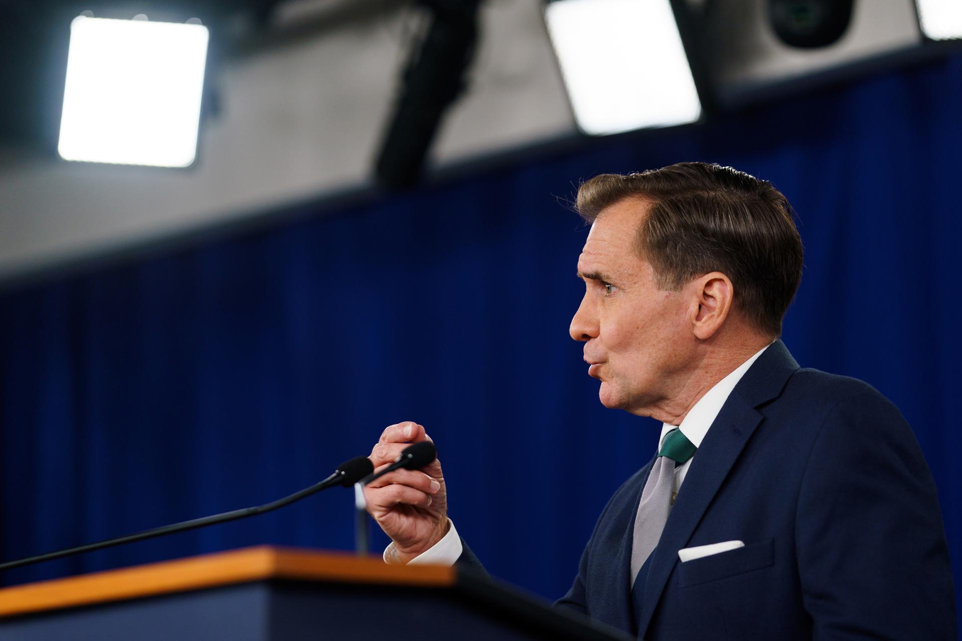 White House National Security Council spokesman John Kirby holds a news conference in Washington on 16 August 2023. EFE/EPA/WILL OLIVER

