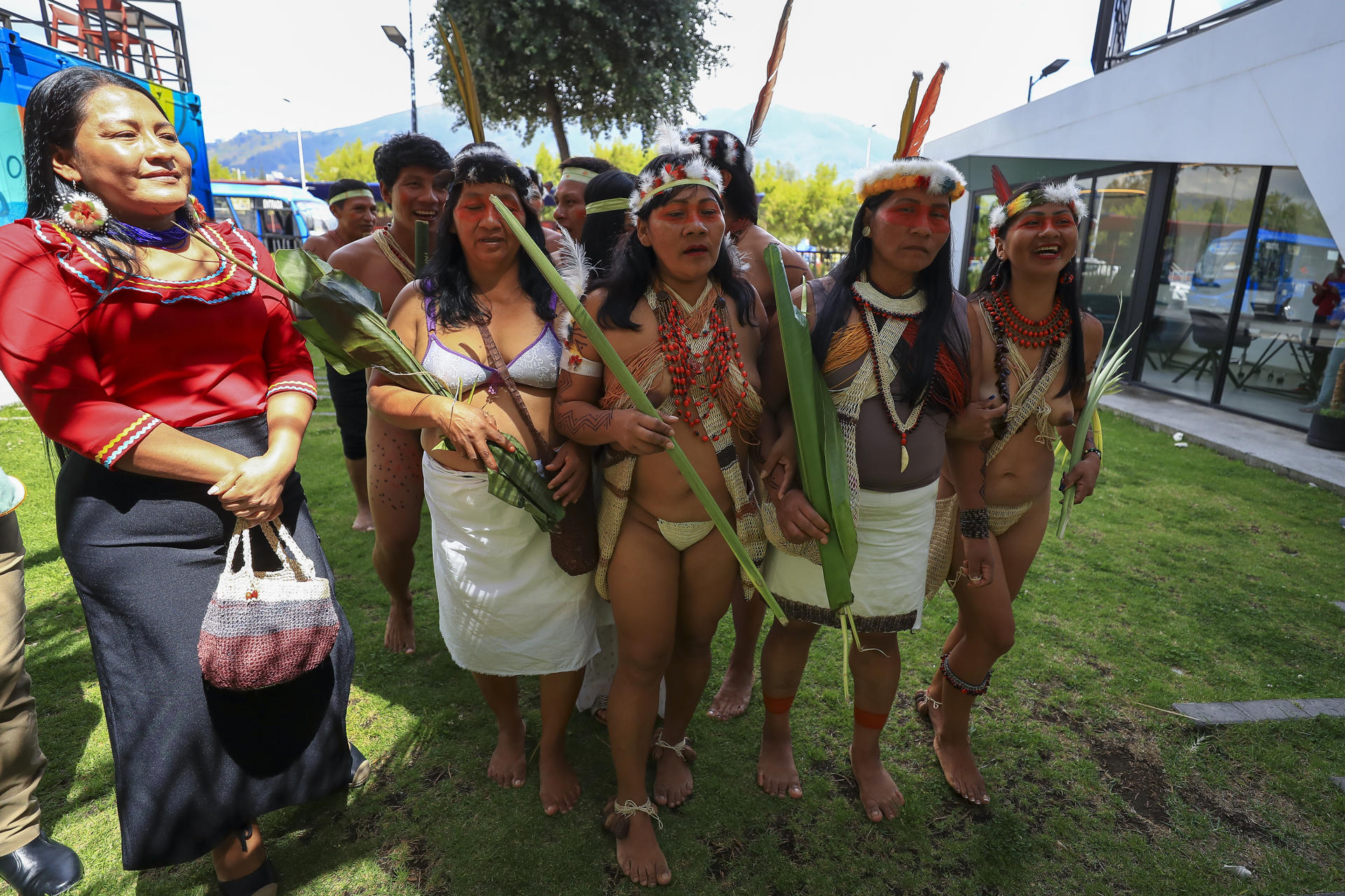 Indigenous Waorani people gather in Quito on 14 August 2023 for the start of a tour of a dozen Ecuadorian cities to urge a "yes" vote in the Aug. 20 referendum on ending oil production inside a national park in Amazonia.  EFE/Jose Jacome