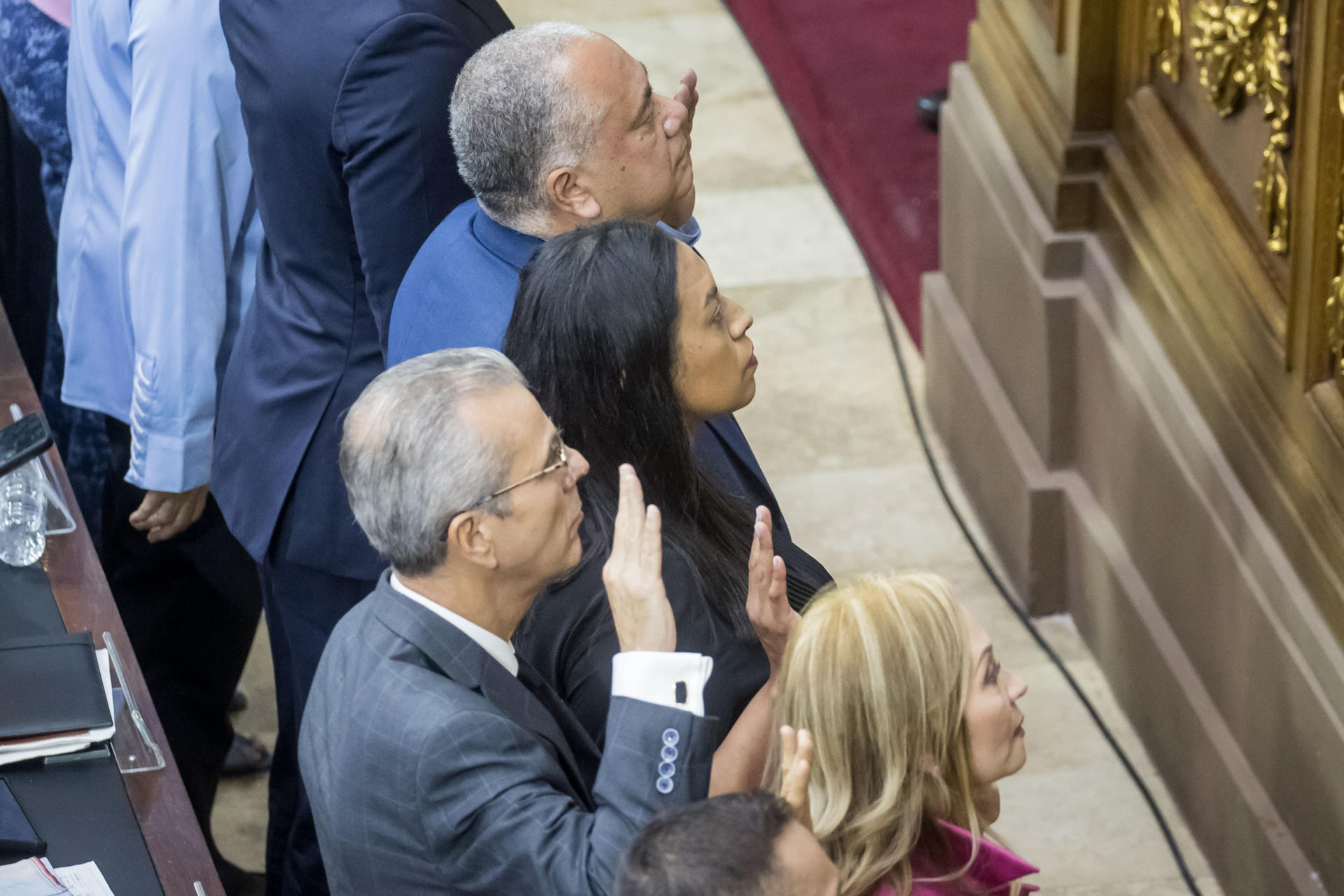 Elvis Amoroso (Up), Aime Nogal (2-R), Juan del Pino (L) and Rosalba Gil attend the Hemicycle of Sessions of the Federal Legislative Palace of the National Assembly., in Caracas, Venezuela, on 24 August 2023. EFE-EPA/Miguel Gutiérrez