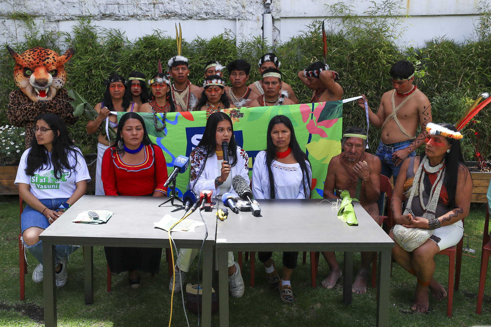 Indigenous activist Helena Gualinga (C) speaks in Quito on 14 August 2023 at the start of a tour of a dozen Ecuadorian cities to urge a "yes" vote in the Aug. 20 referendum on ending oil production inside a national park in Amazonia. EFE/Jose Jacome
