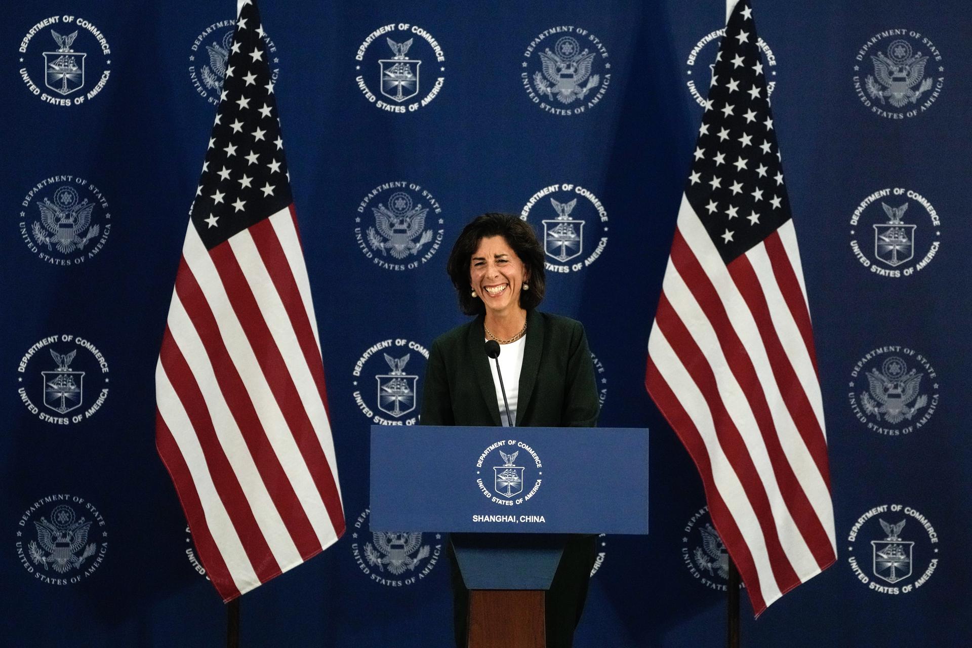 US Commerce Secretary Gina Raimondo reacts as she speaks during a press conference at the Boeing Shanghai Aviation Services in Shanghai, China, 30 August 2023. EFE-EPA/ANDY WONG/POOL
