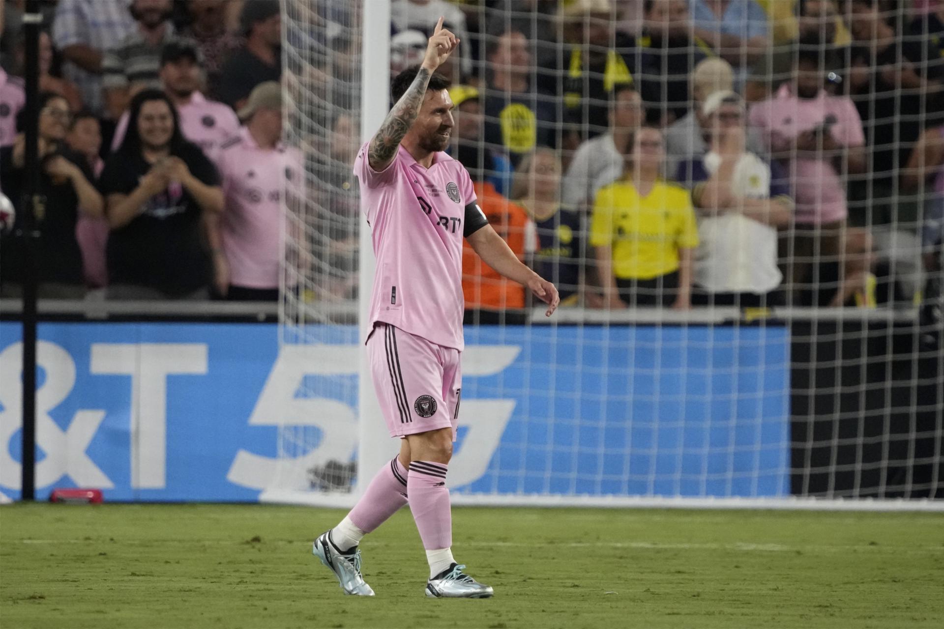 inter Miami CF forward Lionel Messi celebrates after scoring a goal against Nashville SC during the first half of the 2023 Leagues Cup final between Nashville SC and Inter Miami CF at Geodis Park in Nashville, Tennessee, US, 19 August 2023. EFE-EPA/MARK HUMPHREY