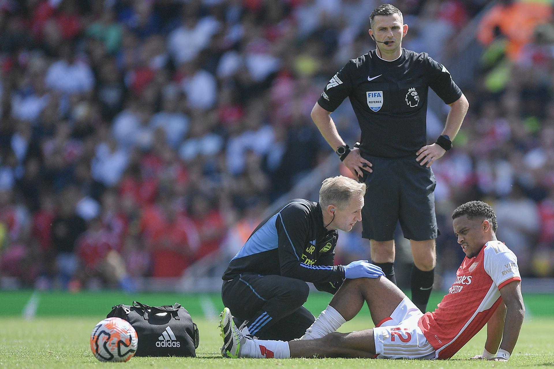 Arsenal's Jurrien Timber suffered an injury in Premier League Matchday 1 action against Nottingham Forest at Emirates Stadium in London, United Kingdom, on 12 August 2023. Arsenal won 2-1. EFE/EPA/VINCE MIGNOTT.

