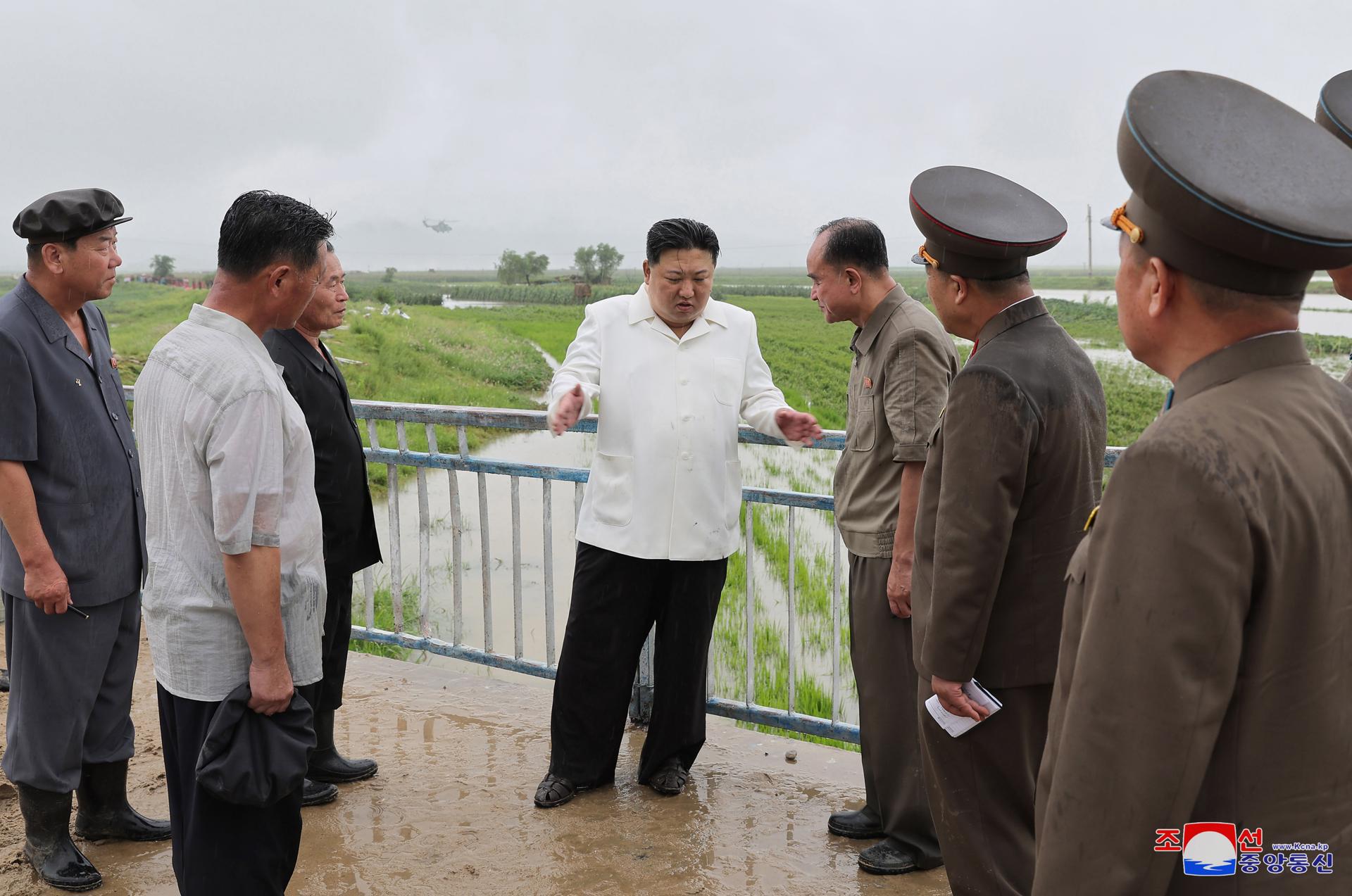 An undated photo released by the official North Korean Central News Agency (KCNA) on 14 August 2023 shows North Korean leader Kim Jong Un inspecting typhoon-hit areas in Ogye-ri, Anbyon County of Kangwon Province, North Korea. EFE-EPA/KCNA EDITORIAL USE ONLY
